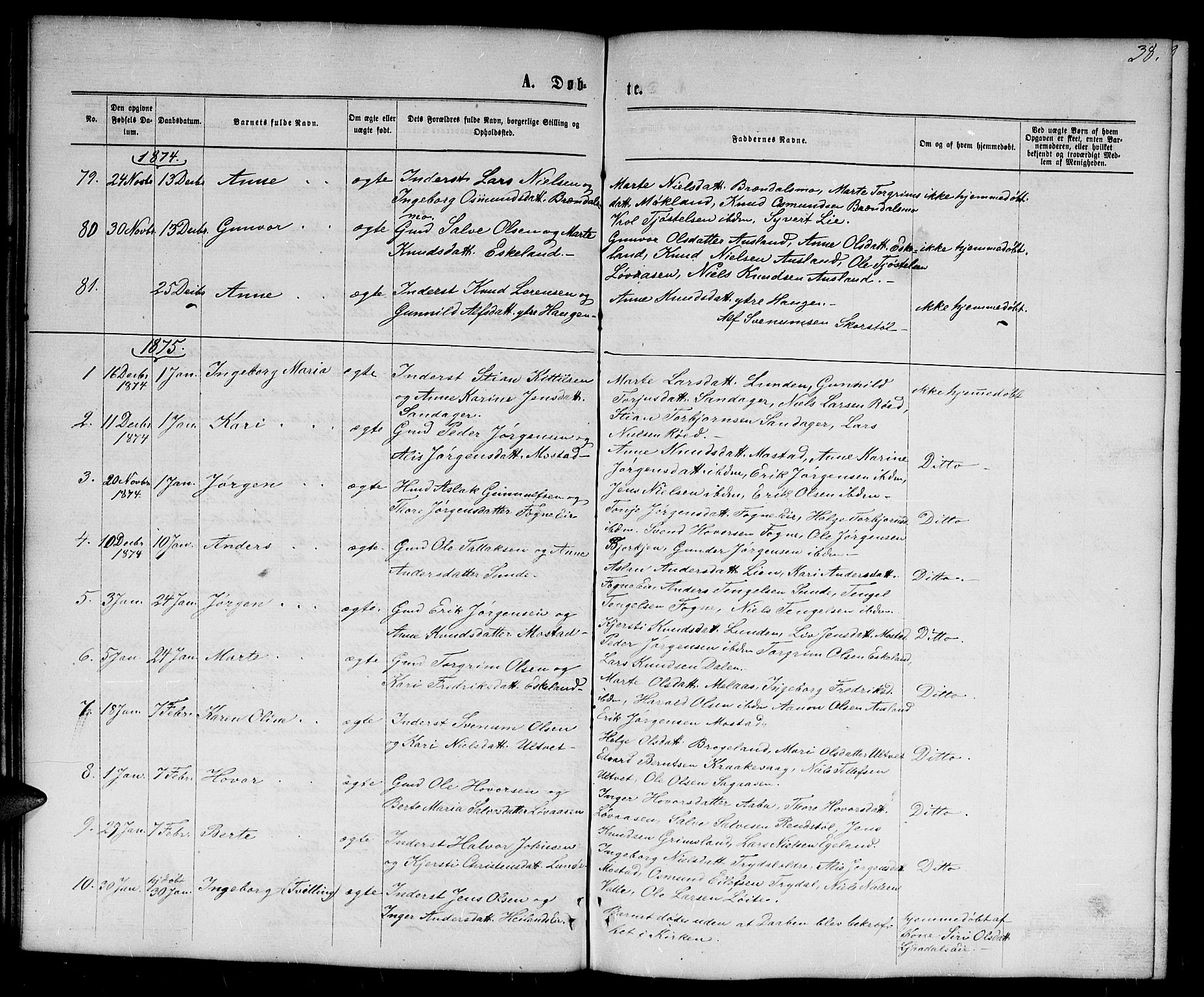 Gjerstad sokneprestkontor, AV/SAK-1111-0014/F/Fb/Fba/L0006: Parish register (copy) no. B 6, 1868-1890, p. 38