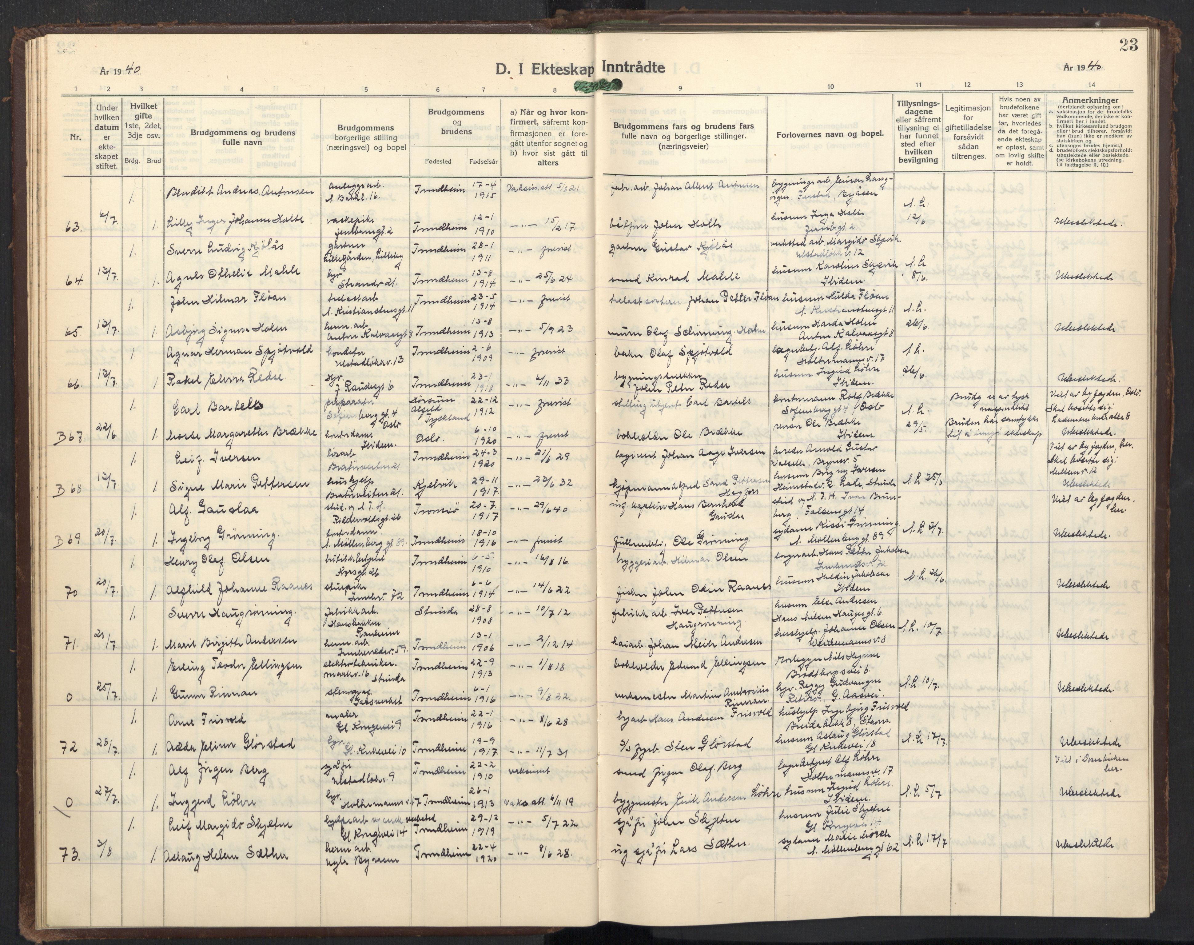 Ministerialprotokoller, klokkerbøker og fødselsregistre - Sør-Trøndelag, SAT/A-1456/605/L0263: Parish register (copy) no. 605C10, 1938-1949, p. 23