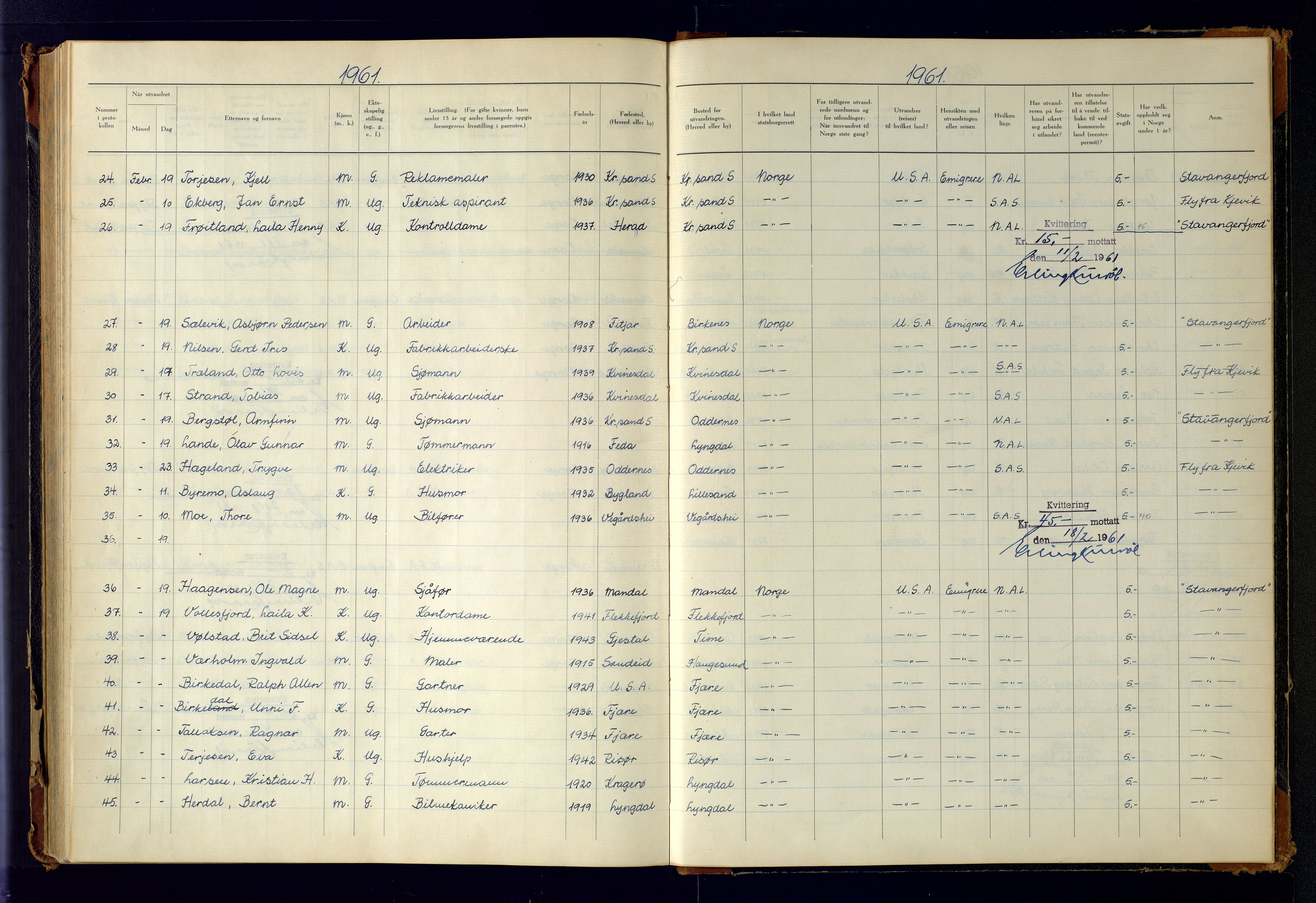 Kristiansand politikammer, AV/SAK-1243-0004/K/Kb/L0249: Emigrantprotokoll, 1951-1961, p. 184