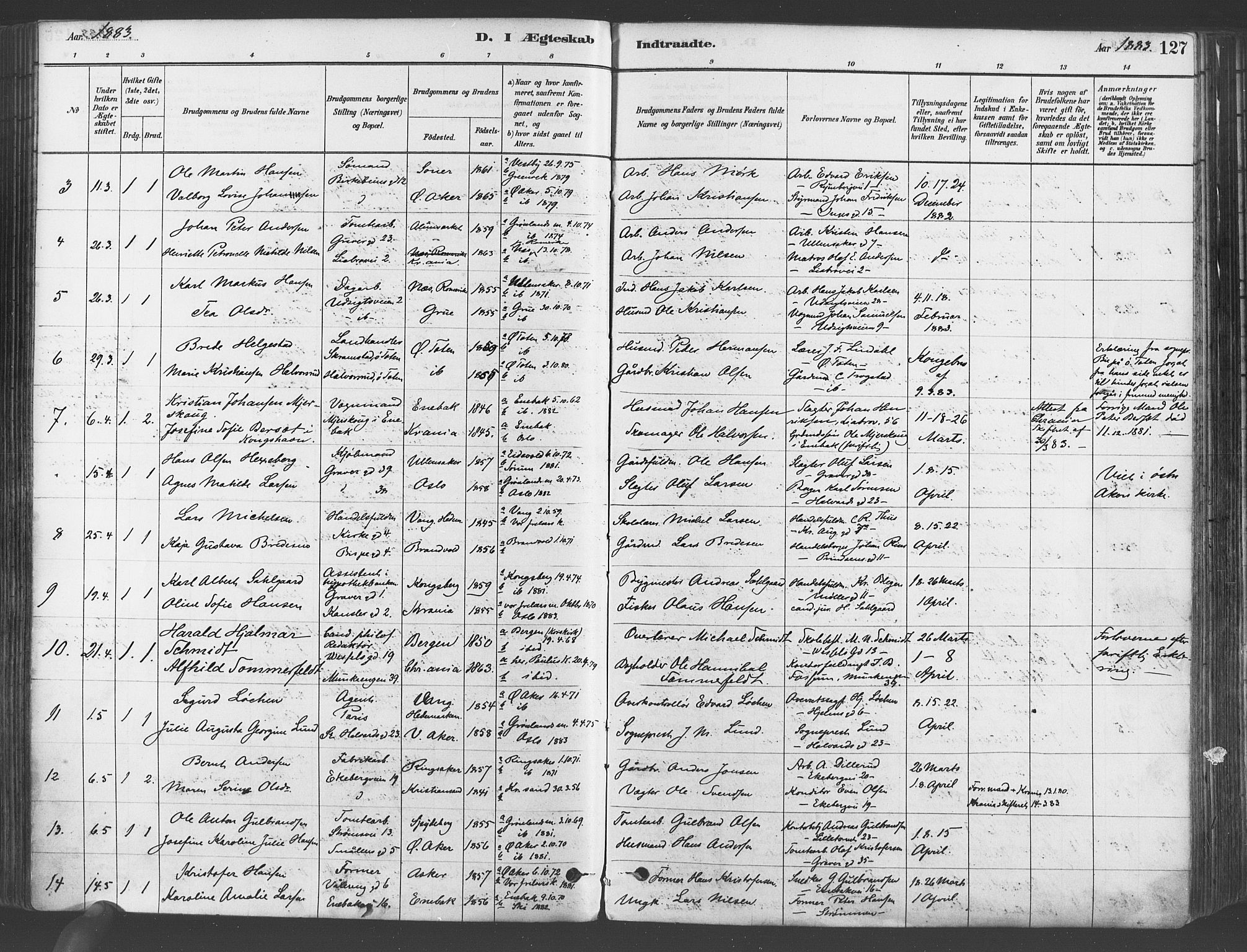 Gamlebyen prestekontor Kirkebøker, SAO/A-10884/F/Fa/L0006: Parish register (official) no. 6, 1881-1890, p. 127