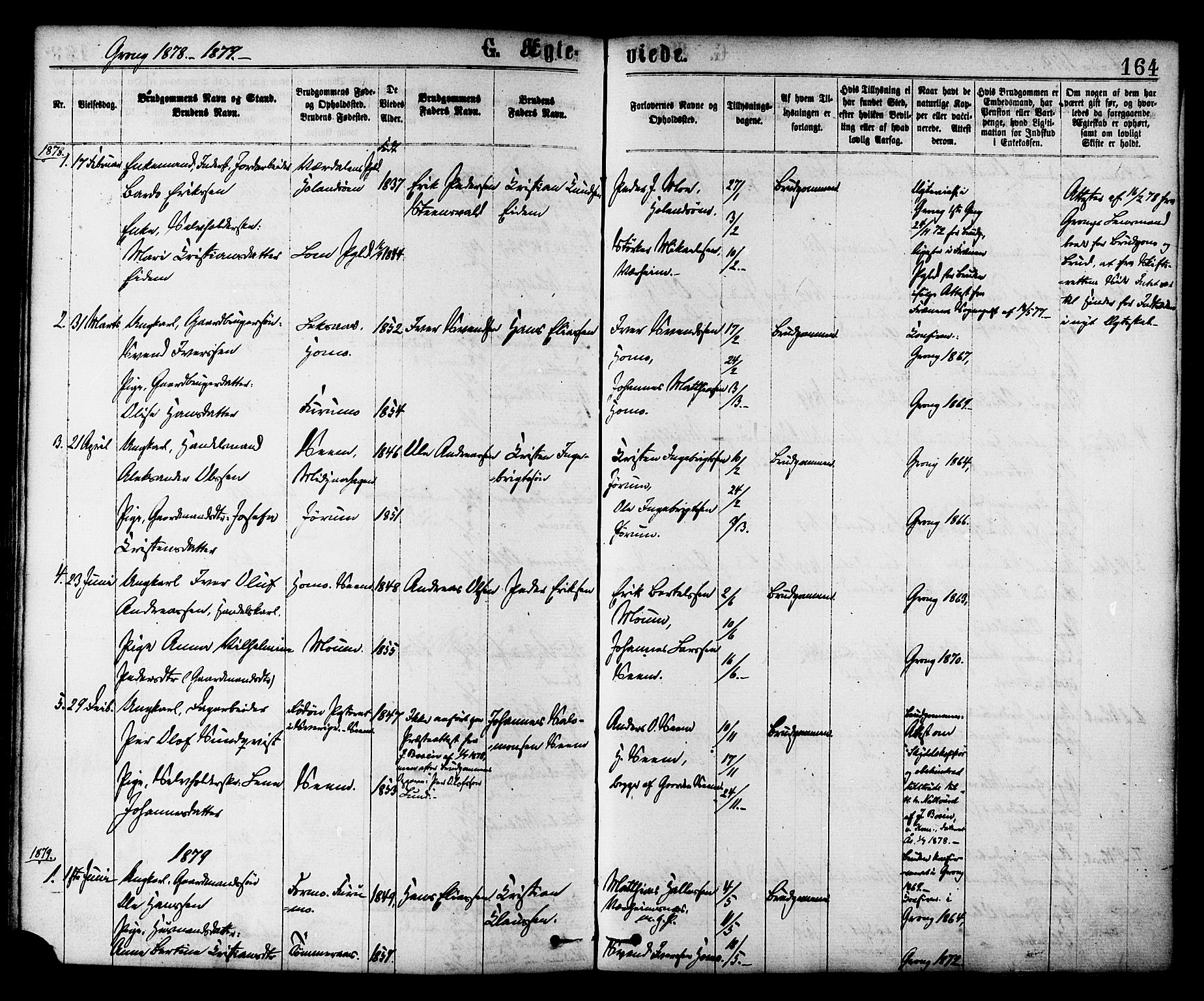 Ministerialprotokoller, klokkerbøker og fødselsregistre - Nord-Trøndelag, SAT/A-1458/758/L0516: Parish register (official) no. 758A03 /1, 1869-1879, p. 164