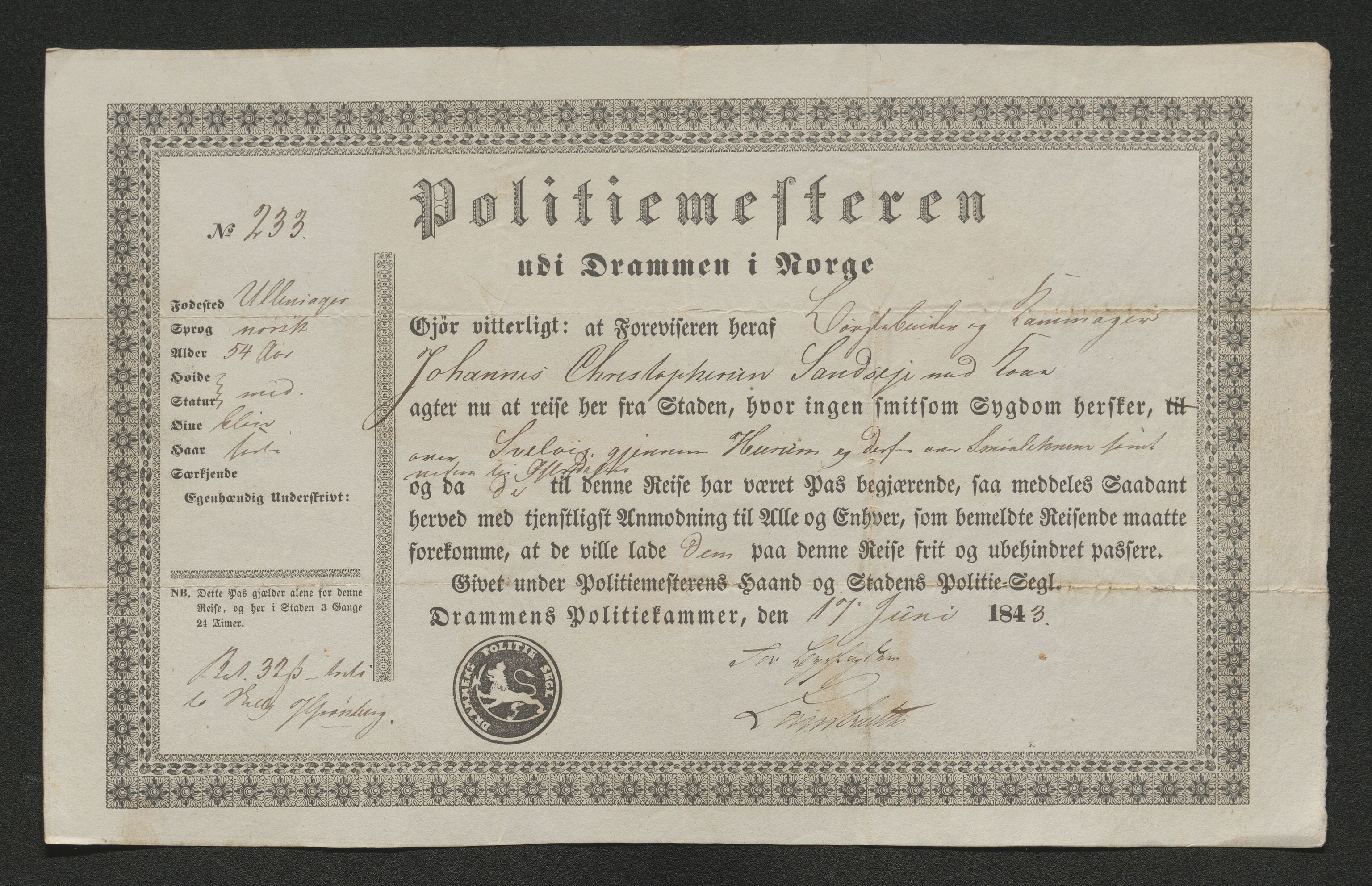 Drammen politikammer, AV/SAKO-A-623/I/Ia/Iab/L0007: Innleverte pass, 1843-1844, p. 486