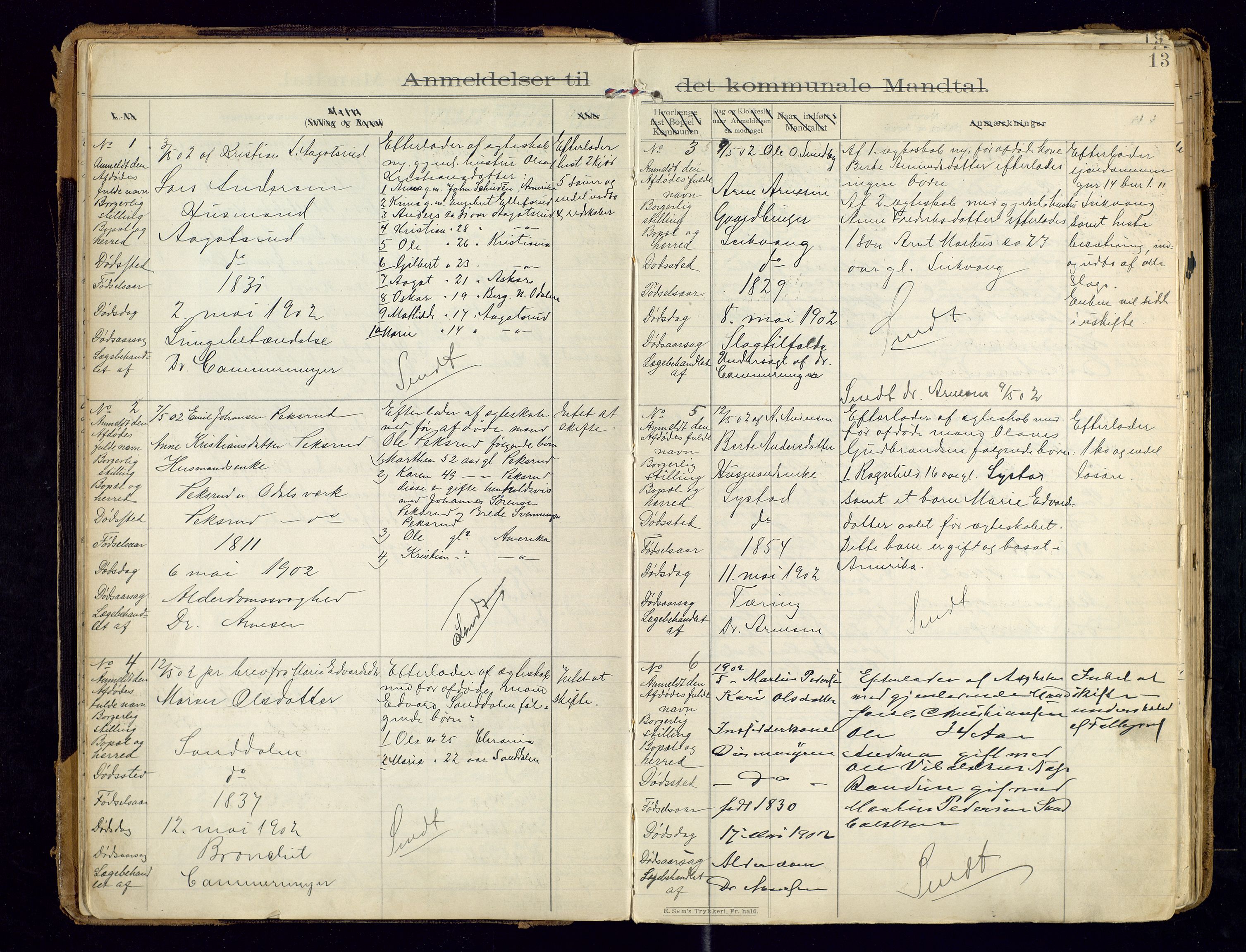 Sør-Odal lensmannskontor, SAH/LHS-022/H/Hb/L0001/0002: Protokoller over anmeldte dødsfall / Protokoll over anmeldte dødsfall, 1901-1913, p. 13