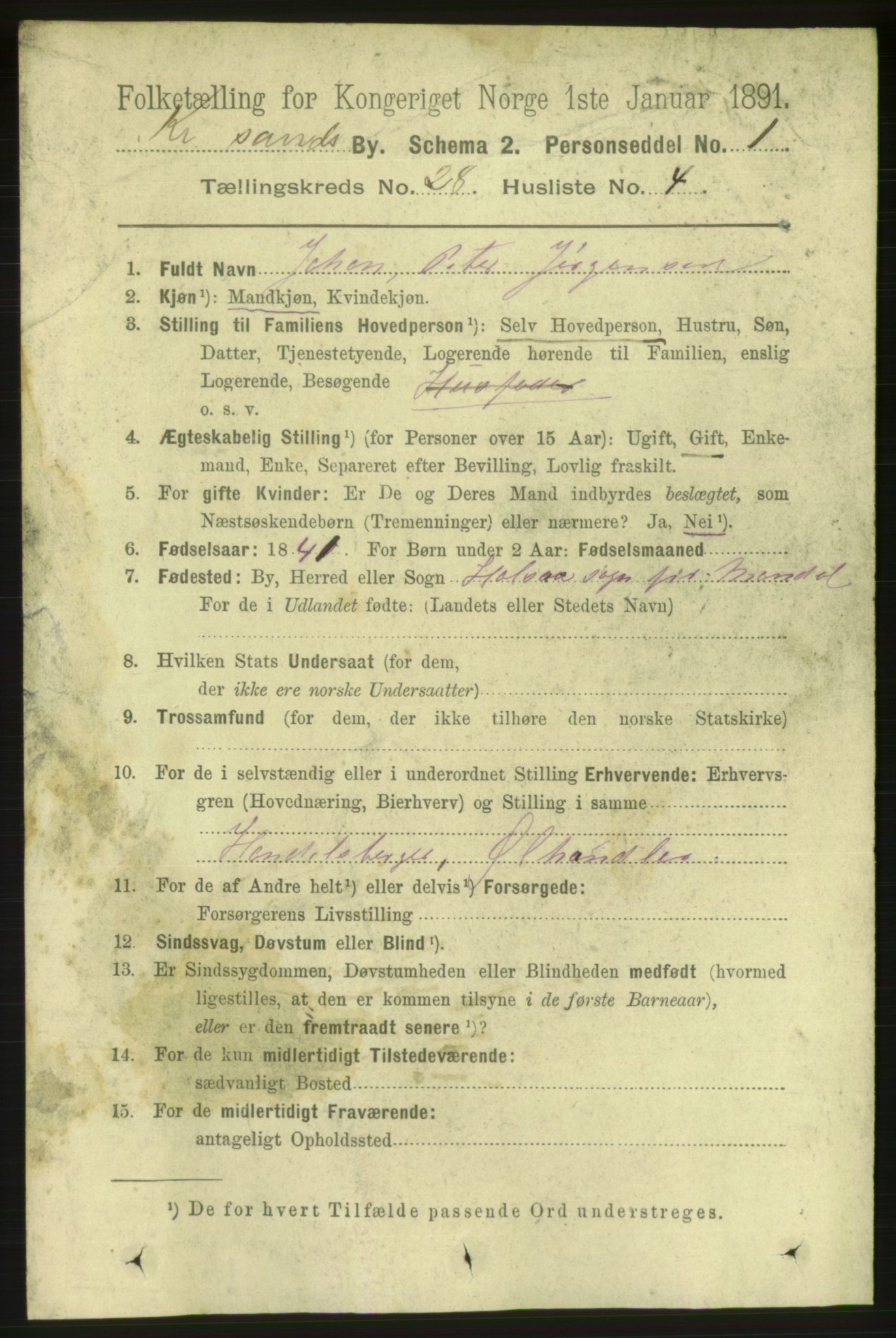 RA, 1891 census for 1001 Kristiansand, 1891, p. 9527