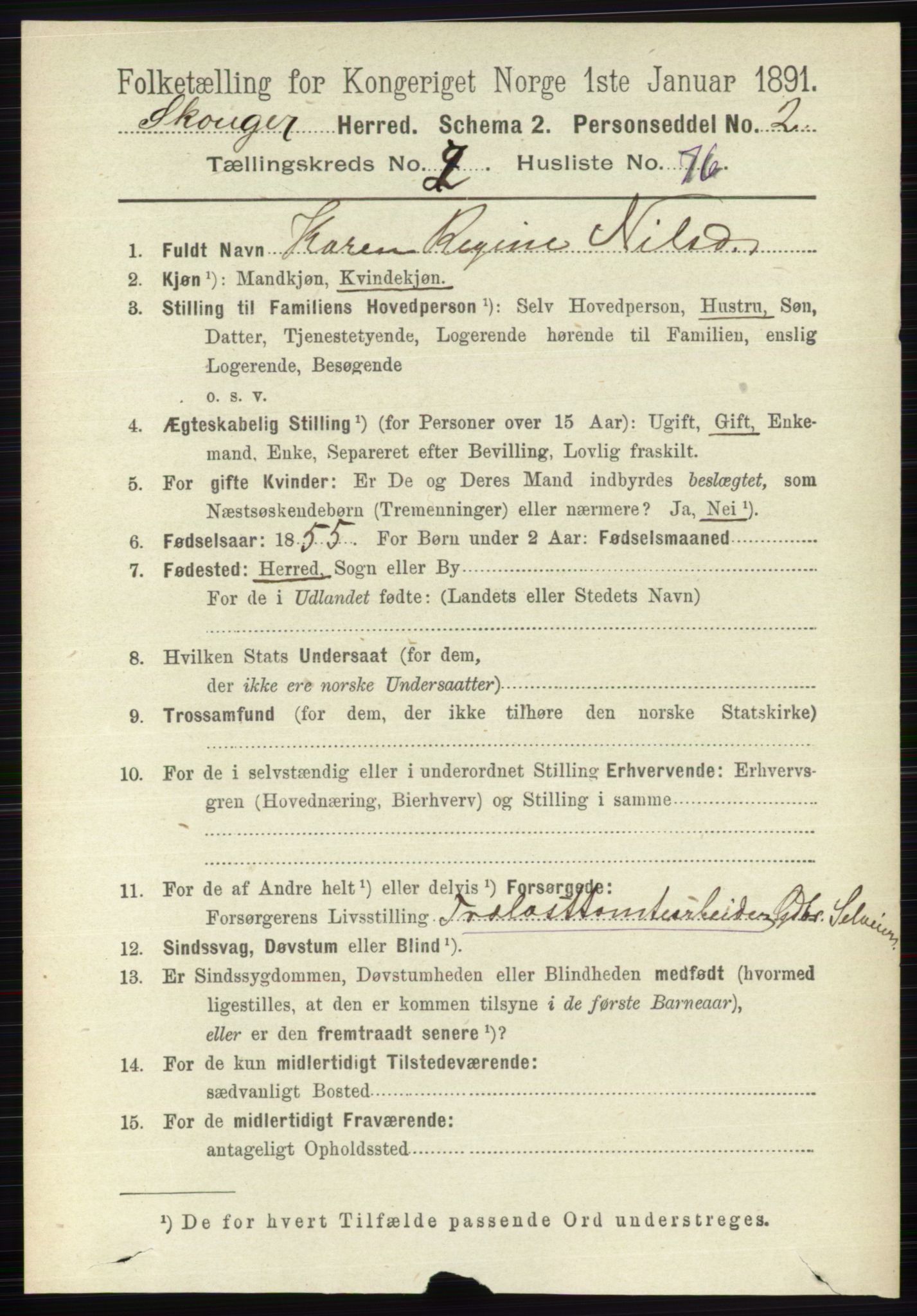 RA, 1891 census for 0712 Skoger, 1891, p. 1485