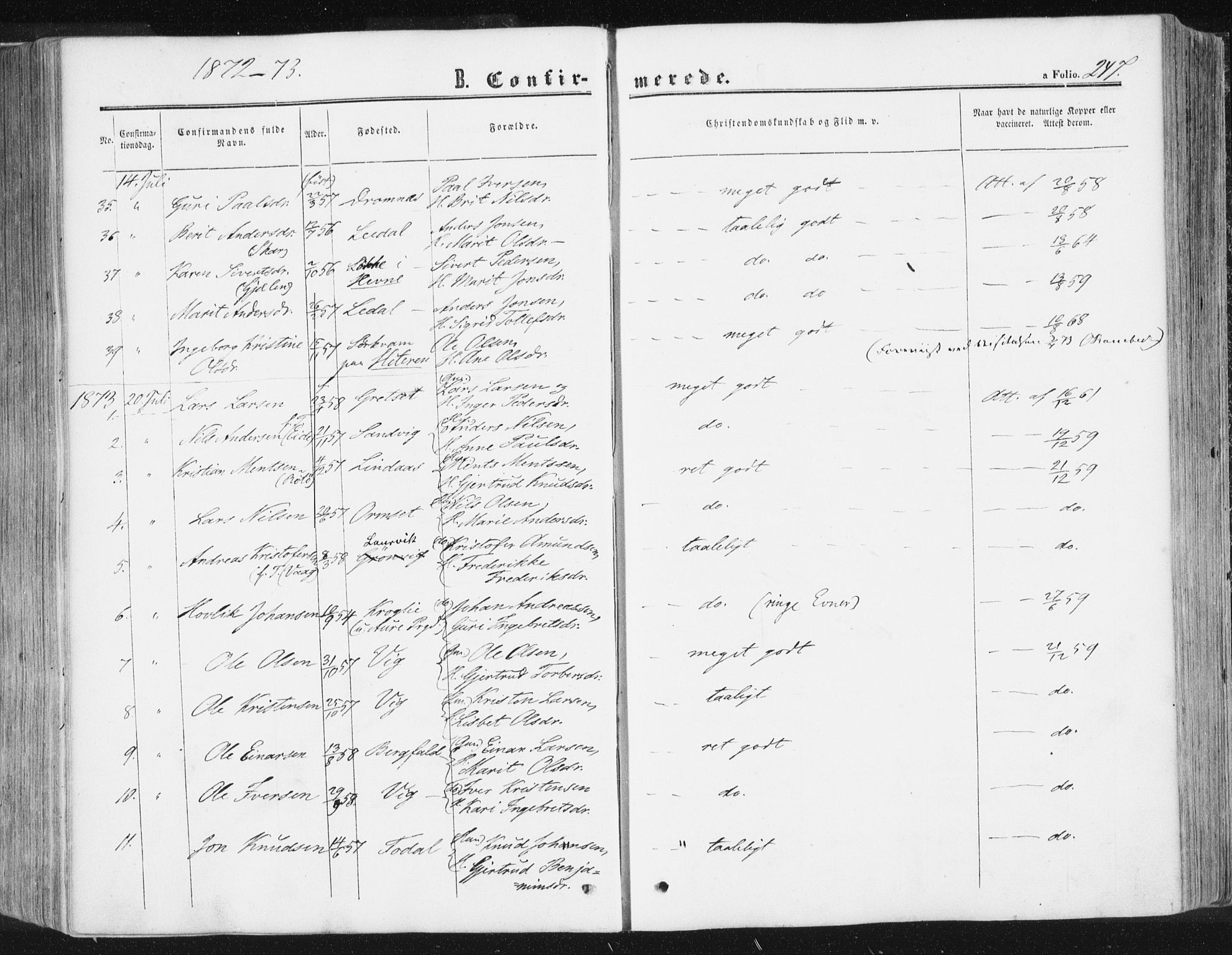 Ministerialprotokoller, klokkerbøker og fødselsregistre - Møre og Romsdal, AV/SAT-A-1454/578/L0905: Parish register (official) no. 578A04, 1859-1877, p. 247