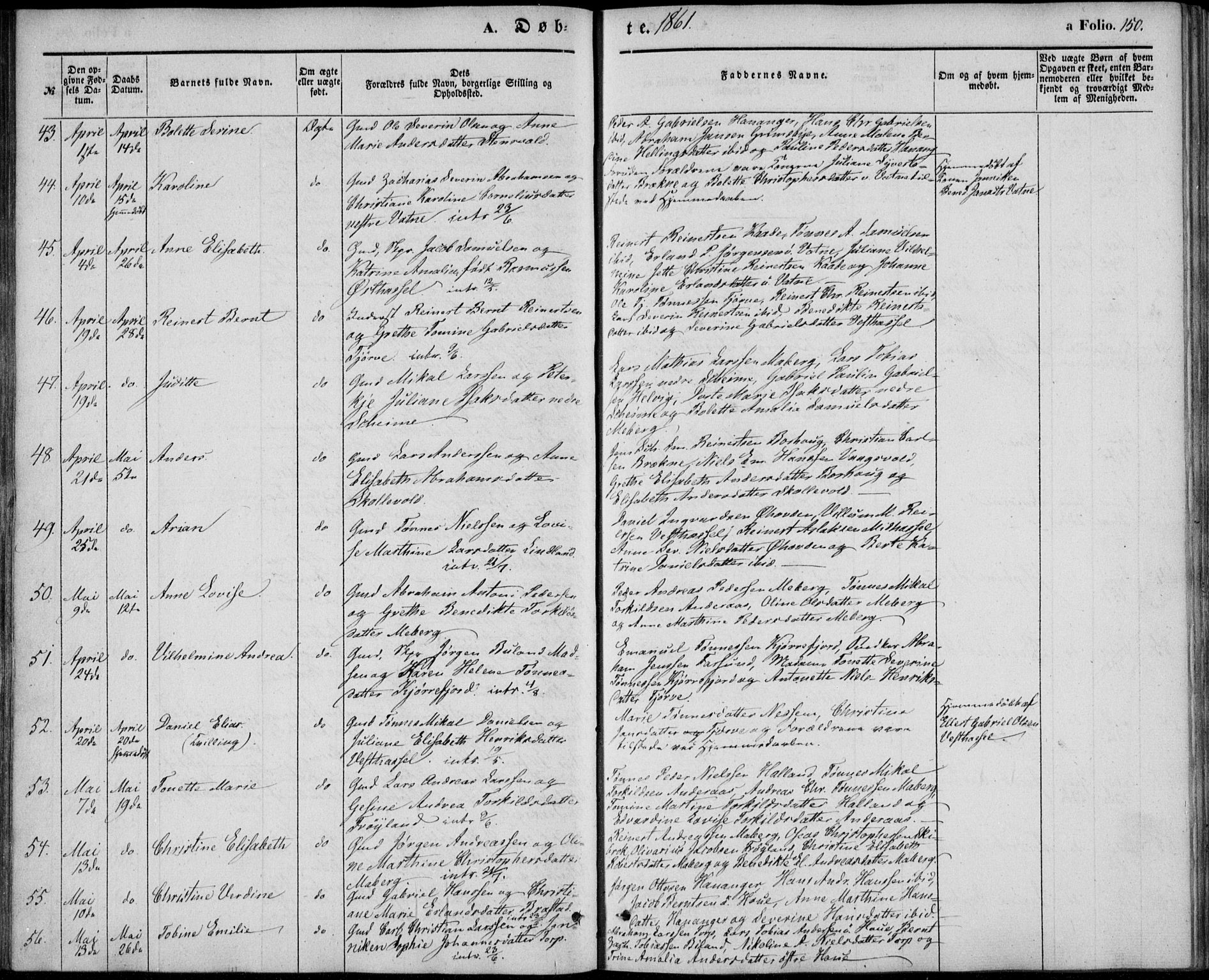 Lista sokneprestkontor, AV/SAK-1111-0027/F/Fb/L0002: Parish register (copy) no. B 2, 1847-1862, p. 150