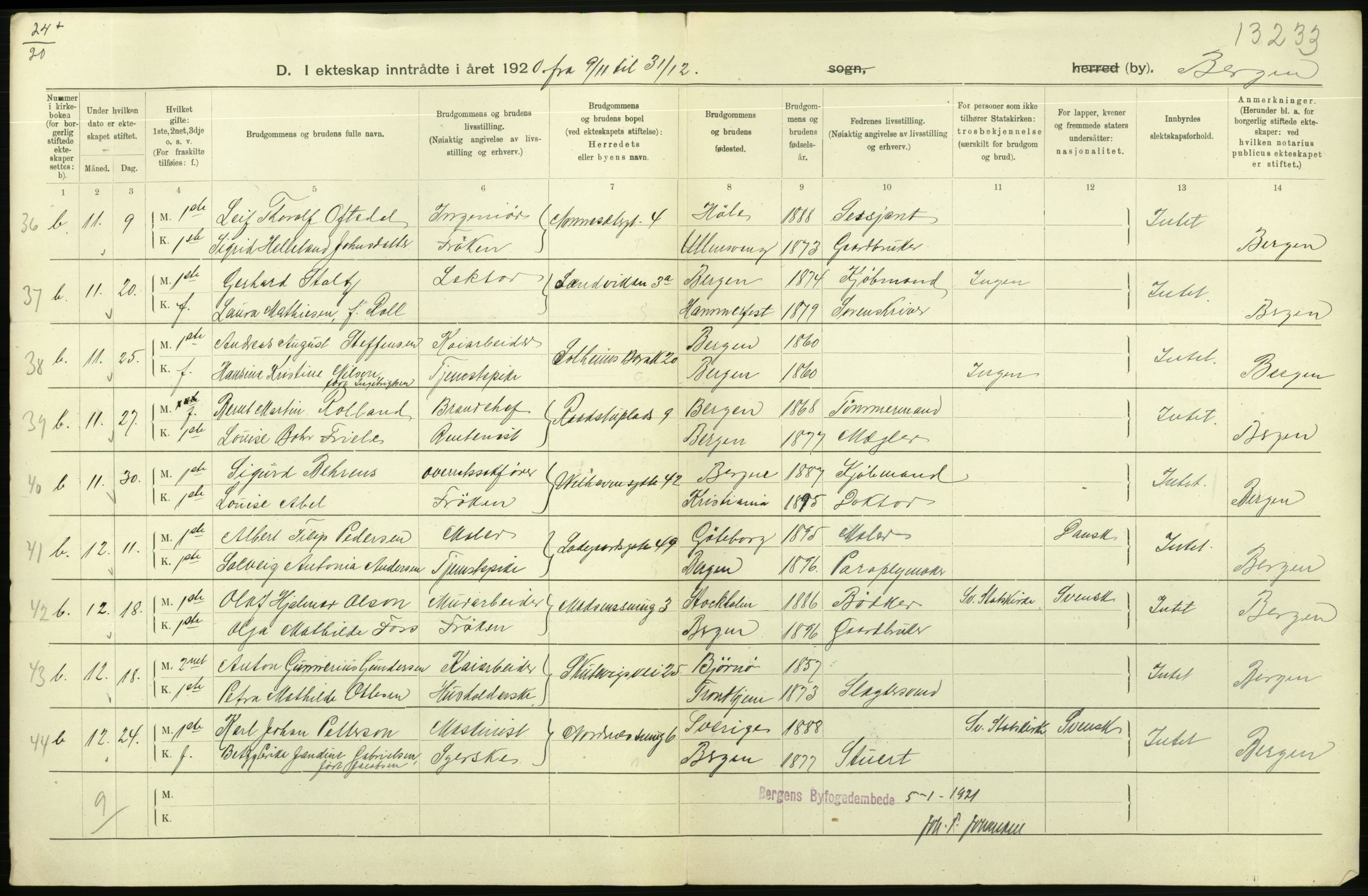 Statistisk sentralbyrå, Sosiodemografiske emner, Befolkning, AV/RA-S-2228/D/Df/Dfb/Dfbj/L0042: Bergen: Gifte, døde, dødfødte., 1920, p. 270