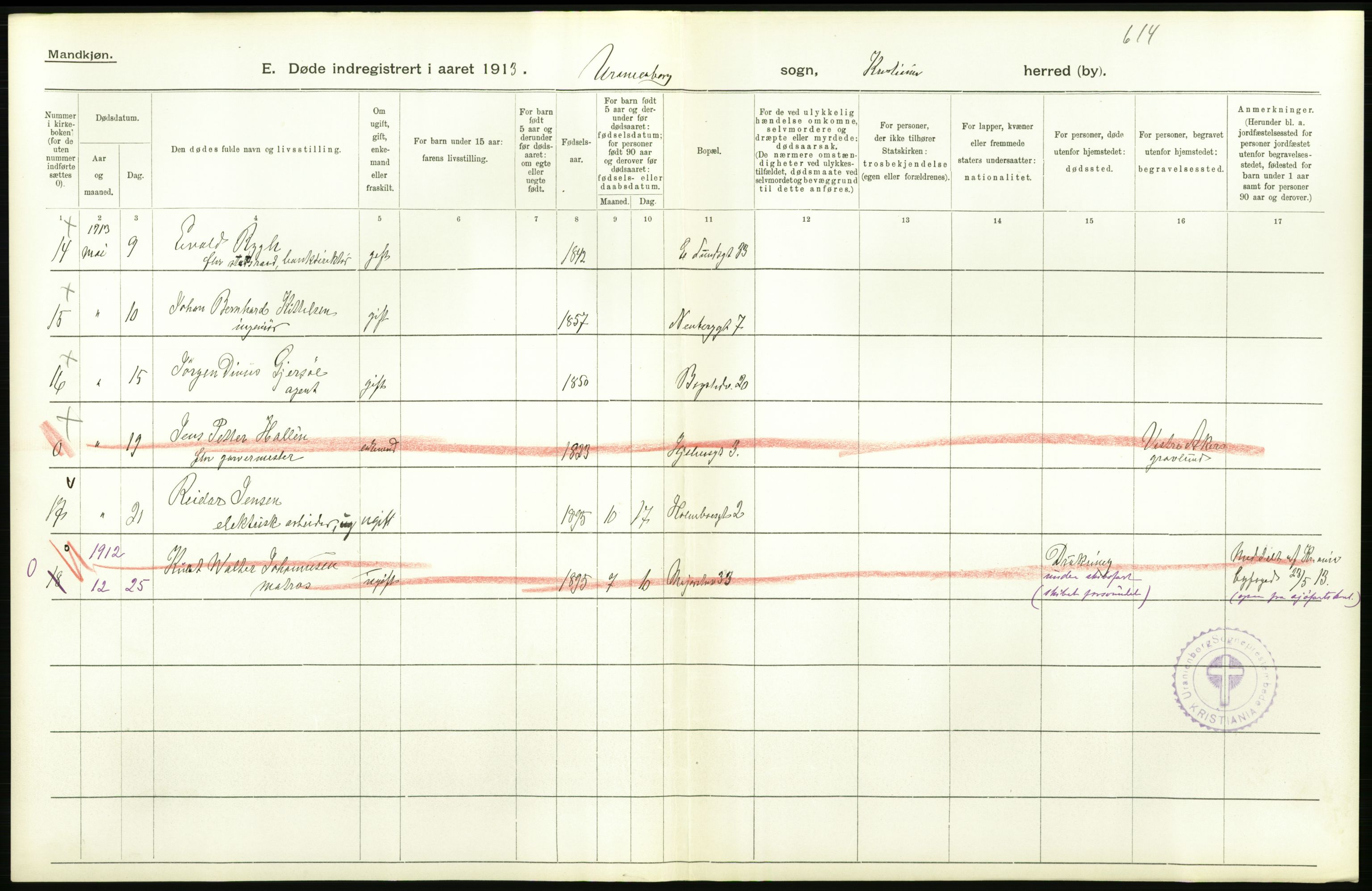 Statistisk sentralbyrå, Sosiodemografiske emner, Befolkning, AV/RA-S-2228/D/Df/Dfb/Dfbc/L0009: Kristiania: Døde., 1913, p. 460