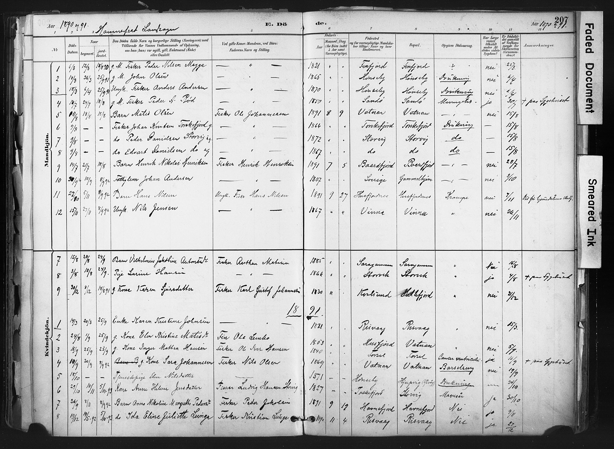 Hammerfest sokneprestkontor, SATØ/S-1347: Parish register (official) no. 11 /1, 1885-1897, p. 207