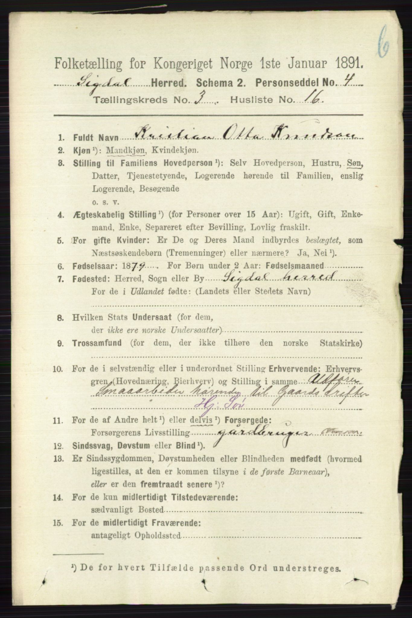 RA, 1891 census for 0621 Sigdal, 1891, p. 4405