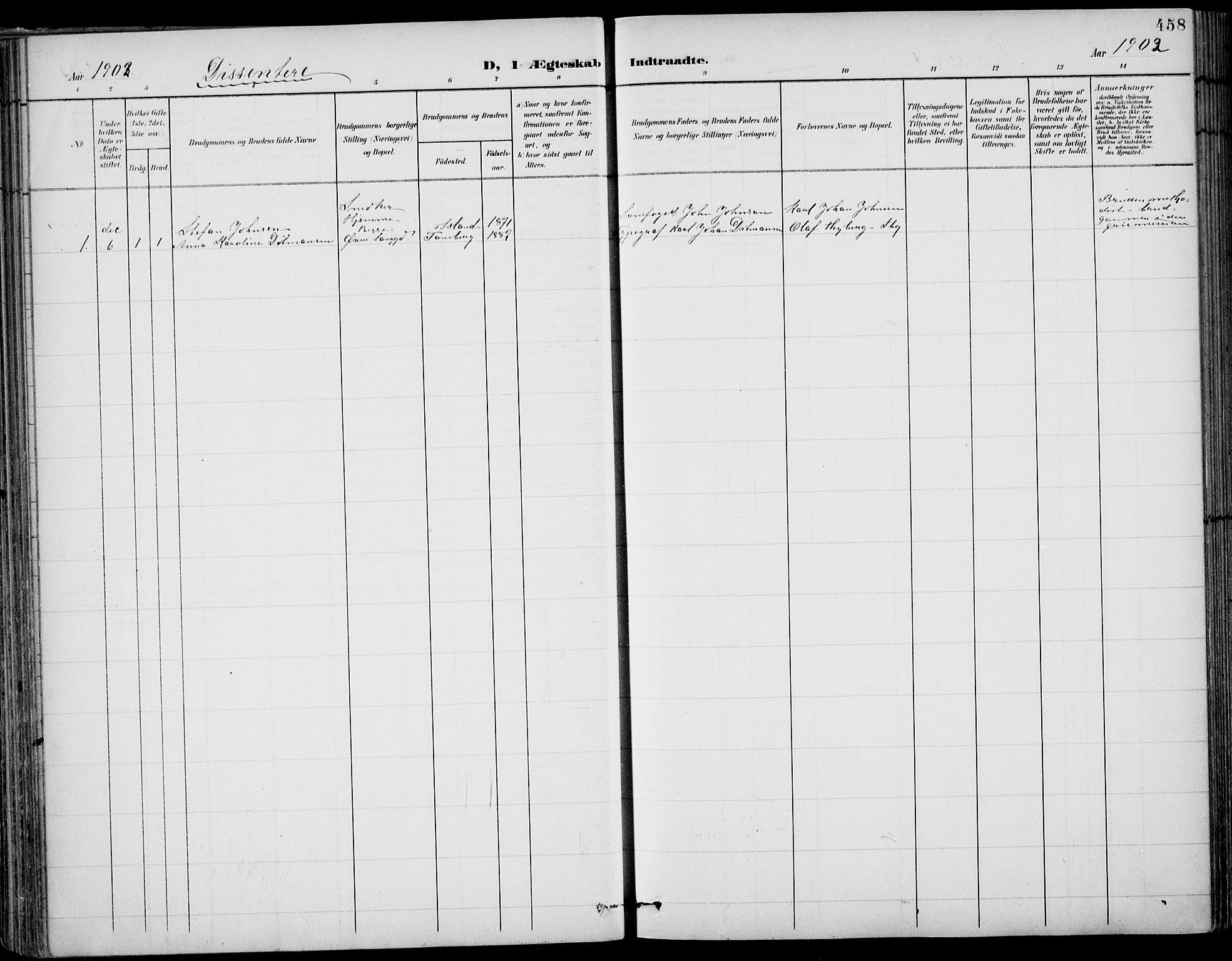 Tønsberg kirkebøker, SAKO/A-330/F/Fa/L0013: Parish register (official) no. I 13, 1900-1913, p. 458