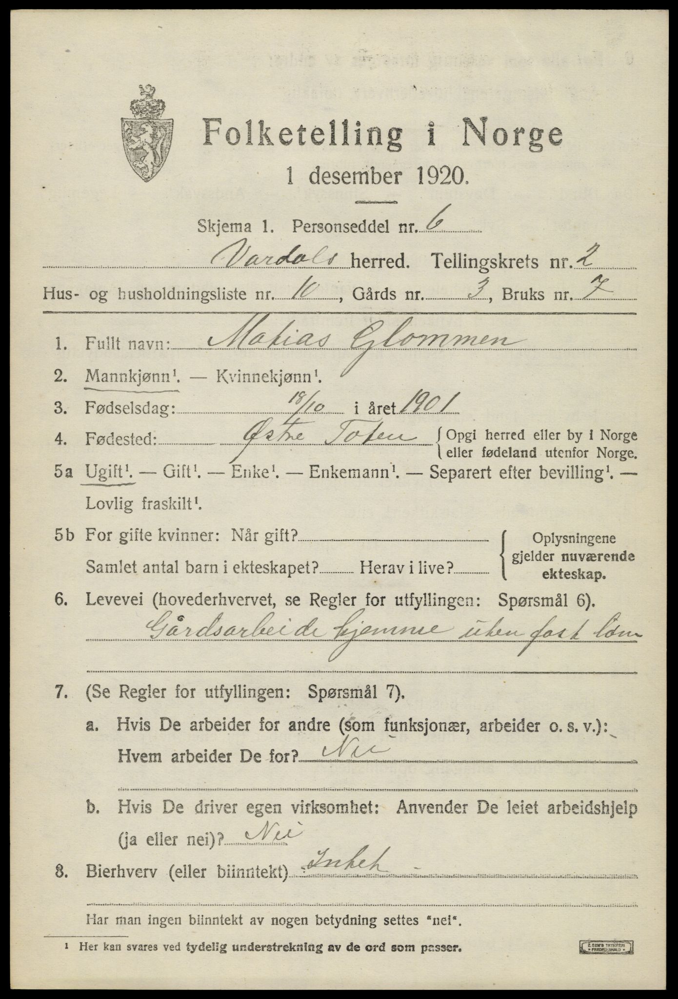 SAH, 1920 census for Vardal, 1920, p. 2583