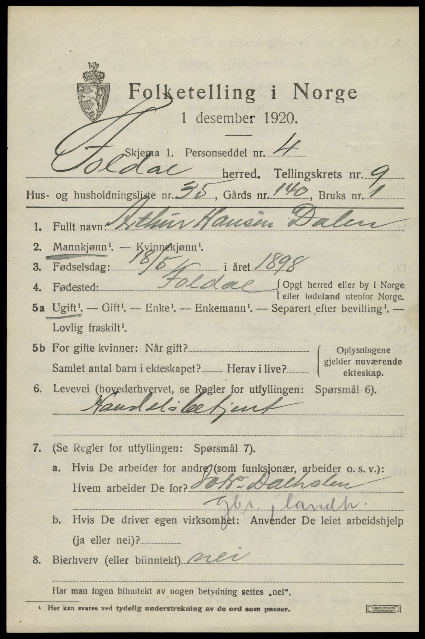 SAH, 1920 census for Folldal, 1920, p. 4949