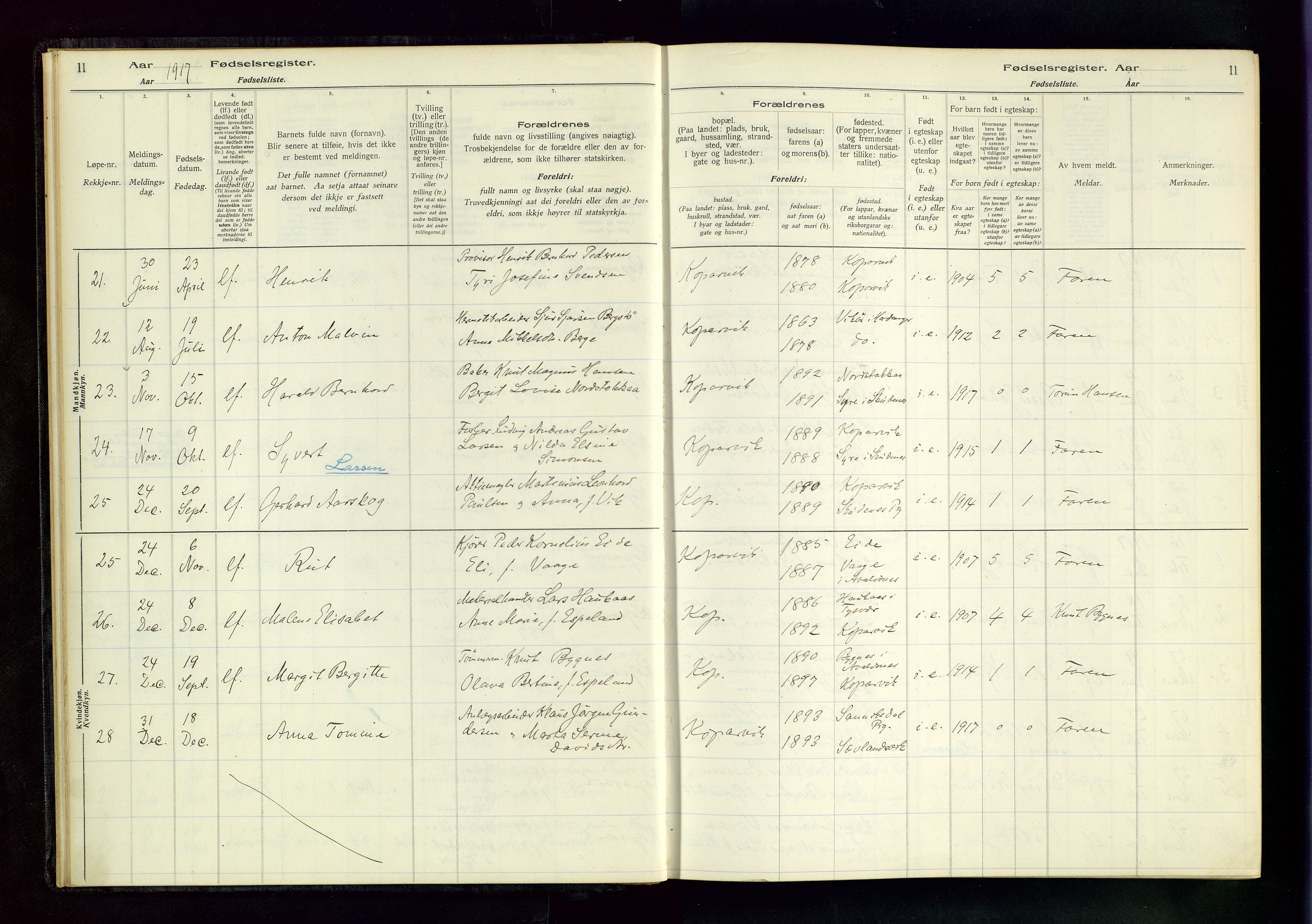 Kopervik sokneprestkontor, AV/SAST-A-101850/I/Id/L0001: Birth register no. 1, 1916-1952, p. 11