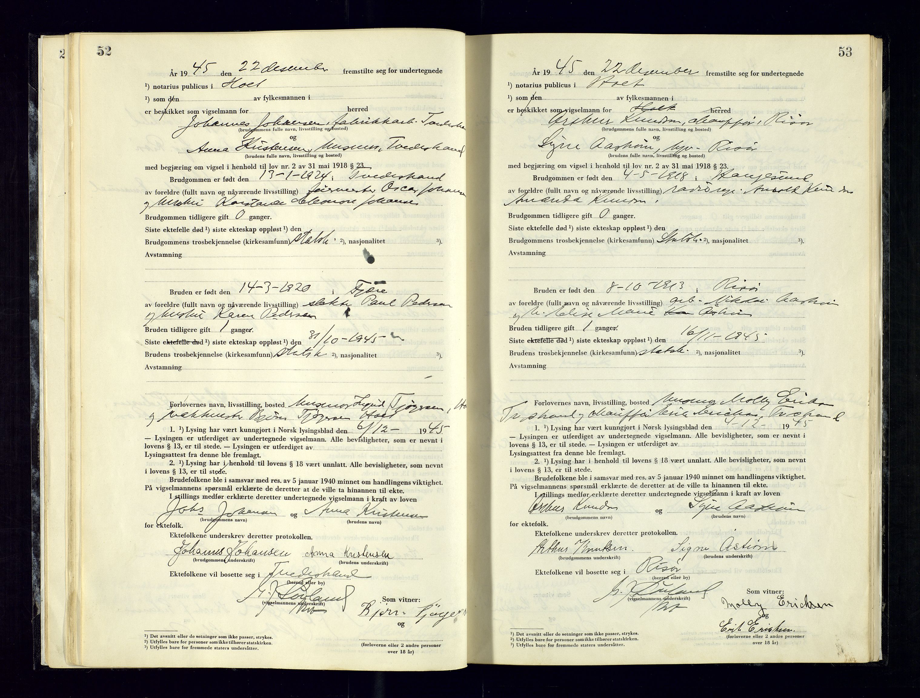Holt sorenskriveri, AV/SAK-1221-0002/L/Ld/L0003: Vigselbok nr. 2, 1944-1964, p. 52-53