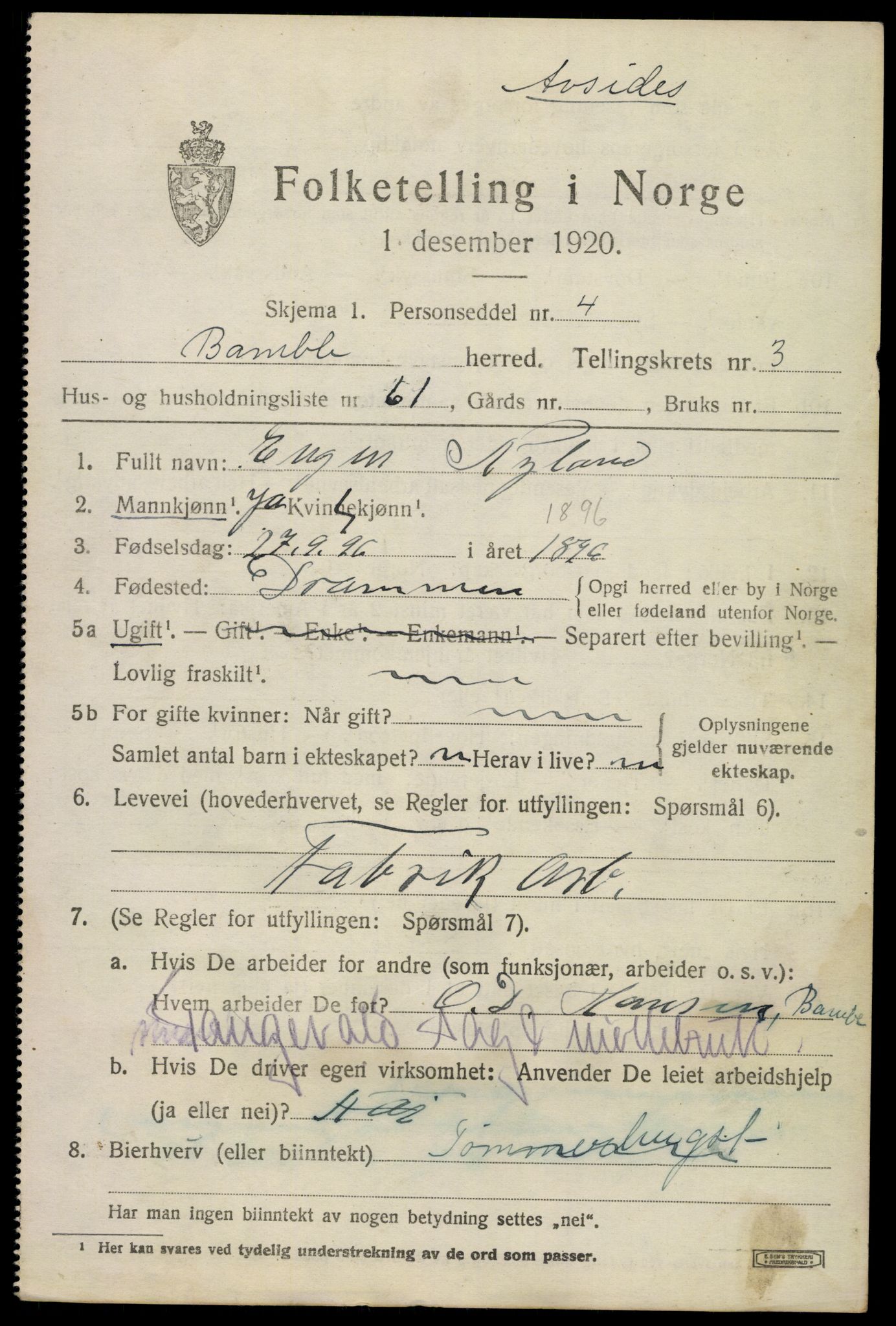 SAKO, 1920 census for Bamble, 1920, p. 4447