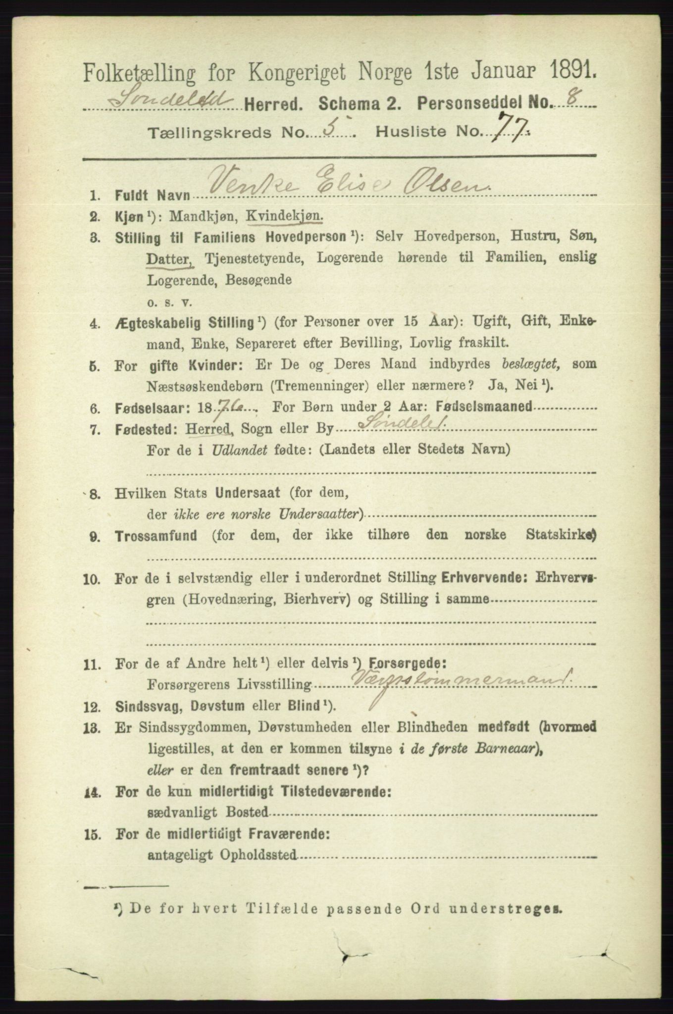 RA, 1891 census for 0913 Søndeled, 1891, p. 1738