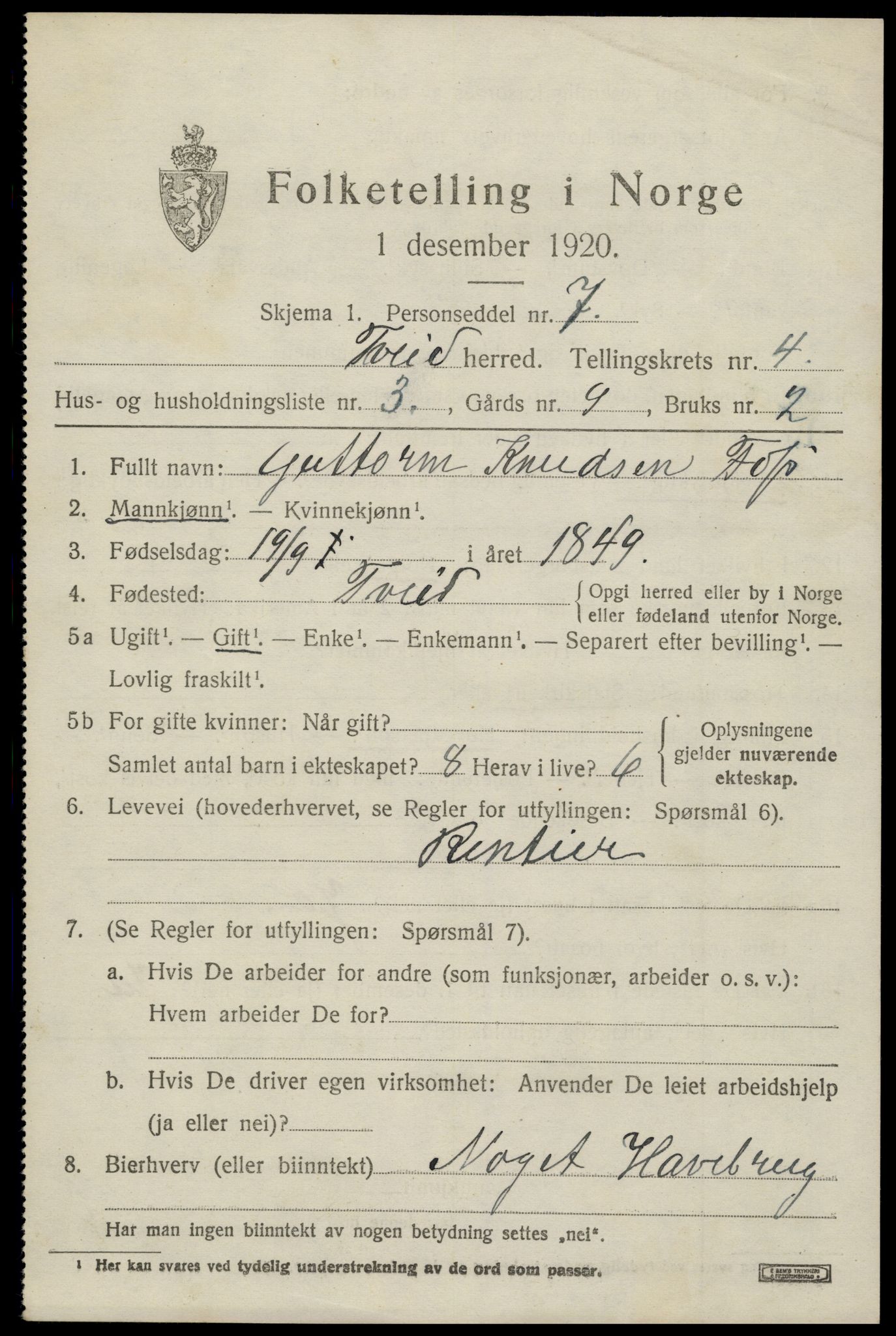 SAK, 1920 census for Tveit, 1920, p. 2012