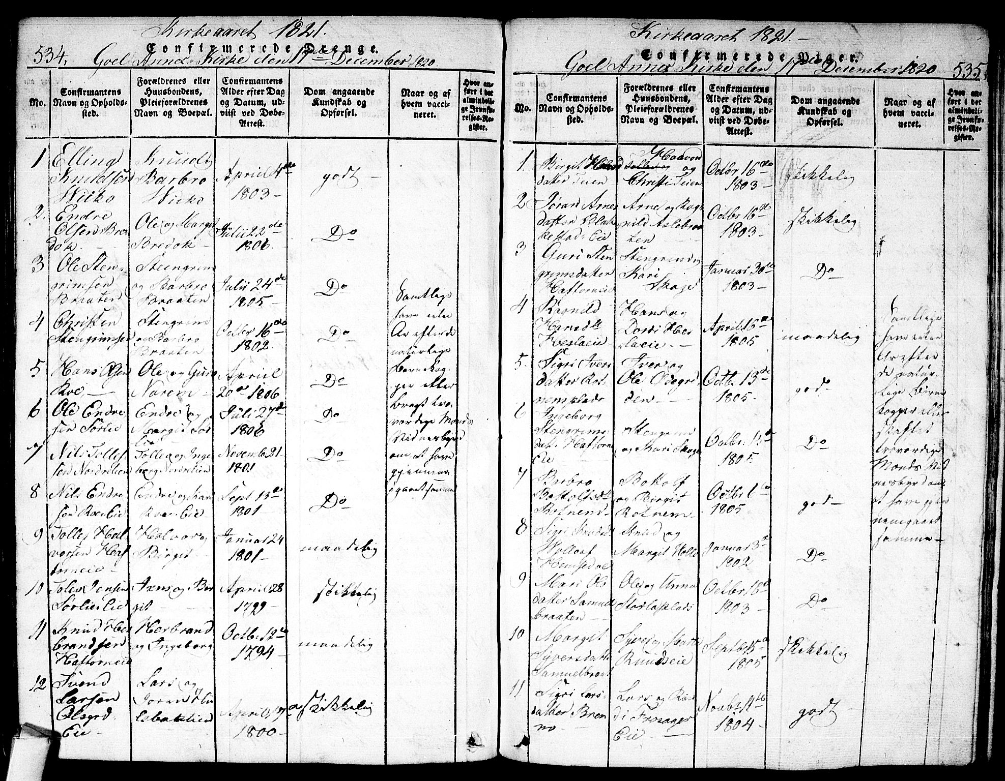 Nes kirkebøker, AV/SAKO-A-236/F/Fa/L0007: Parish register (official) no. 7, 1815-1823, p. 534-535