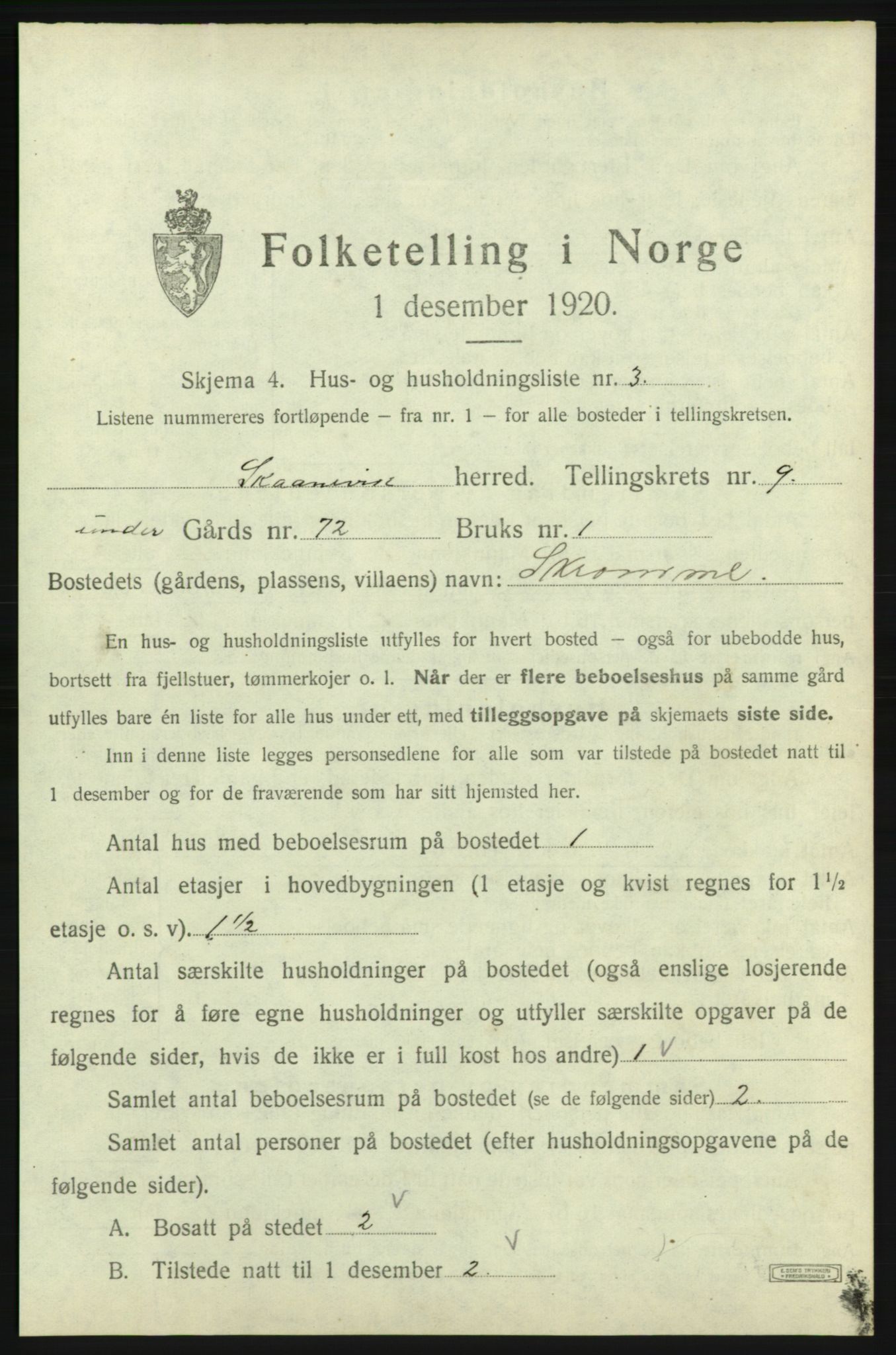 SAB, 1920 census for Skånevik, 1920, p. 1097