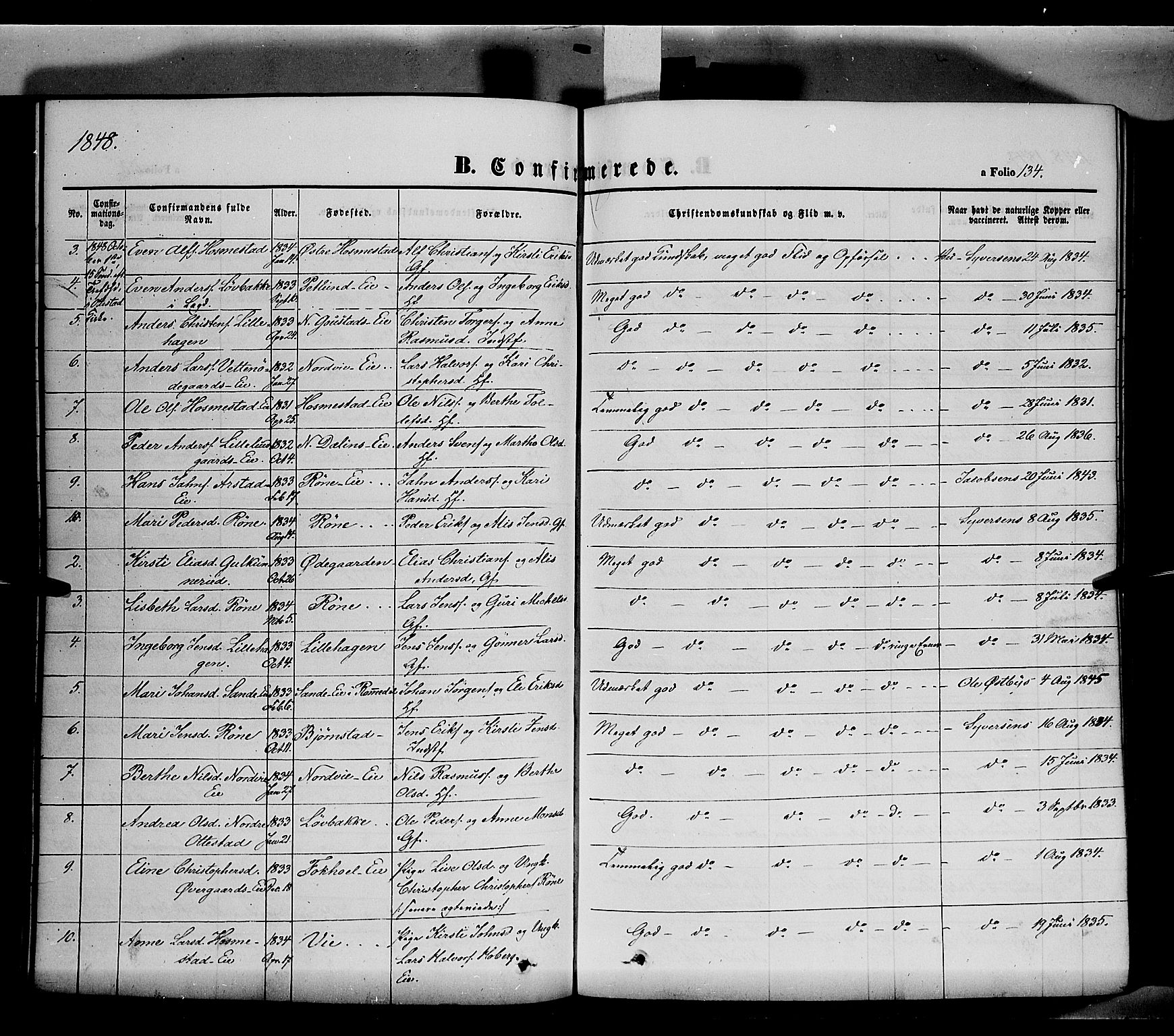 Stange prestekontor, SAH/PREST-002/K/L0011: Parish register (official) no. 11, 1846-1852, p. 134