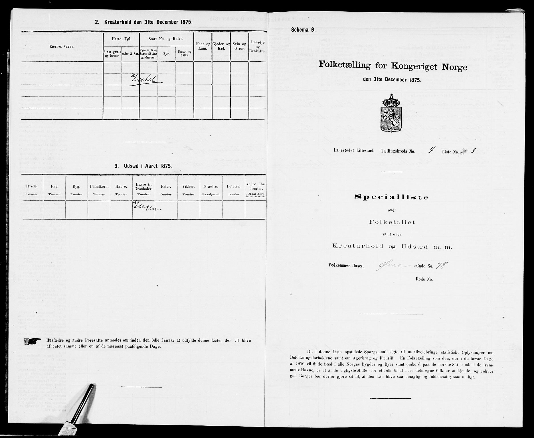 SAK, 1875 census for 0905B Vestre Moland/Lillesand, 1875, p. 272