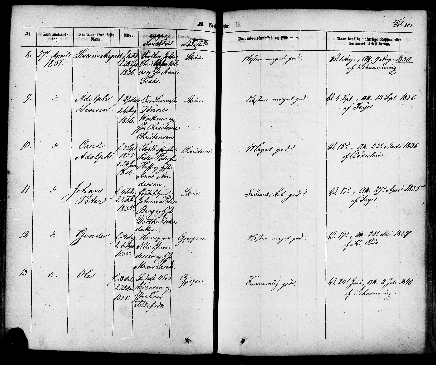 Skien kirkebøker, SAKO/A-302/F/Fa/L0006a: Parish register (official) no. 6A, 1843-1856, p. 202