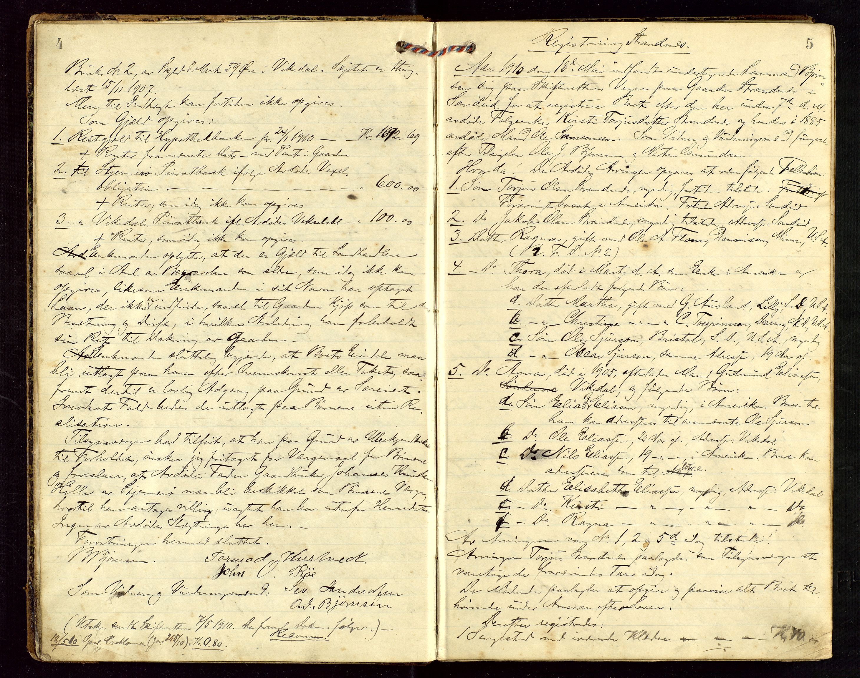 Vikedal lensmannskontor, AV/SAST-A-100179/Gg/L0001: "Registrering av dødsbo", 1910-1921, p. 4-5