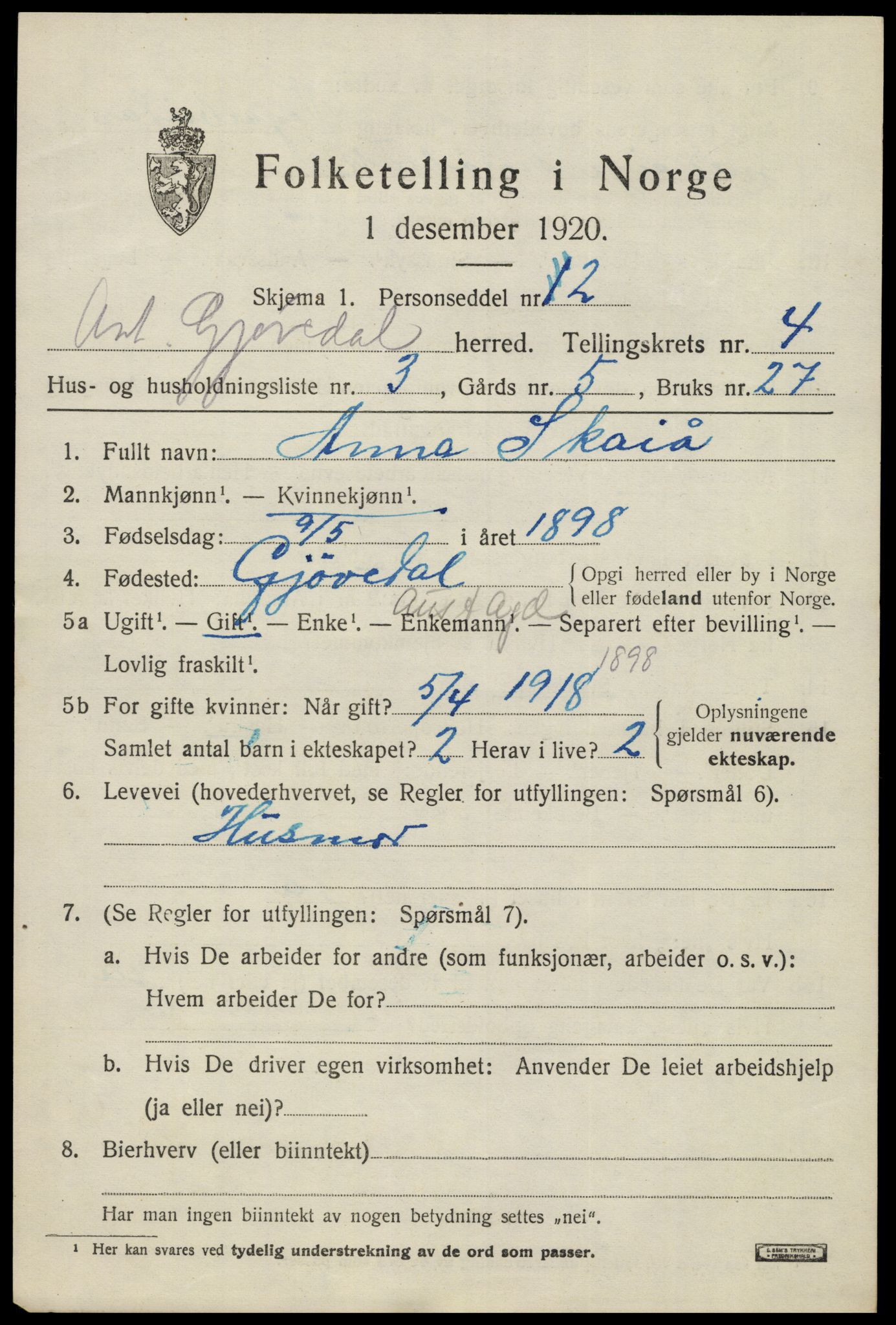 SAK, 1920 census for Hornnes, 1920, p. 1159