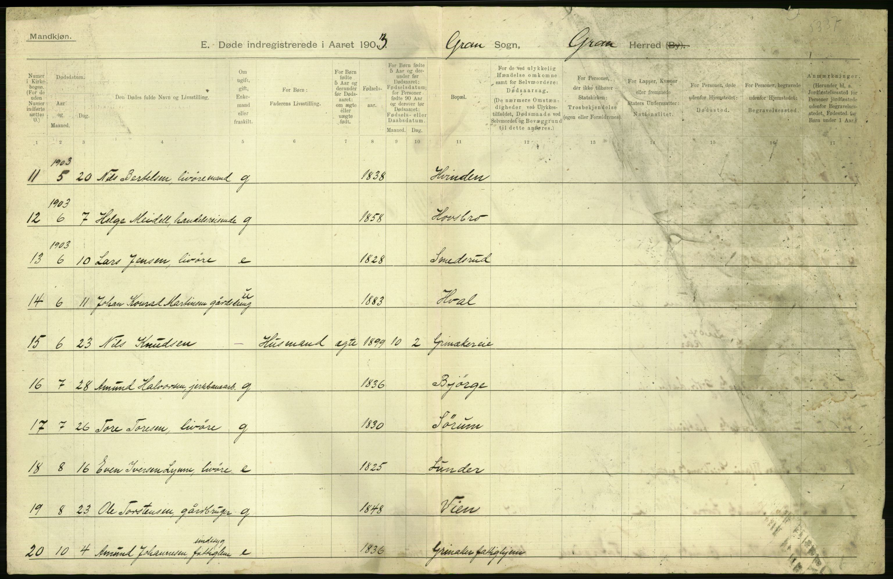 Statistisk sentralbyrå, Sosiodemografiske emner, Befolkning, AV/RA-S-2228/D/Df/Dfa/Dfaa/L0006: Kristians amt: Fødte, gifte, døde, 1903, p. 588