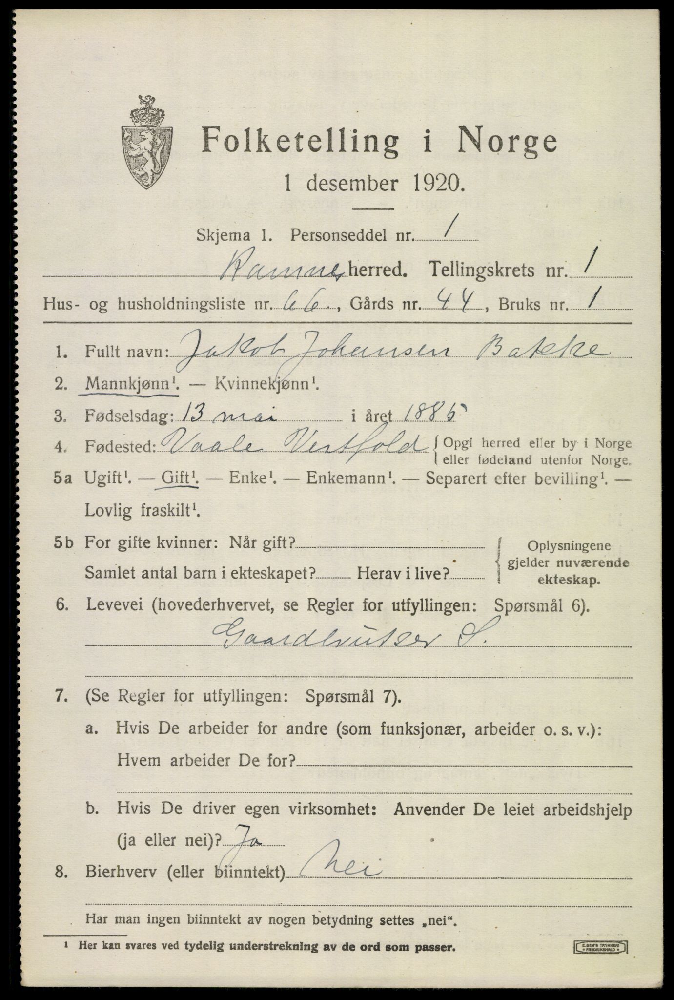 SAKO, 1920 census for Ramnes, 1920, p. 1944