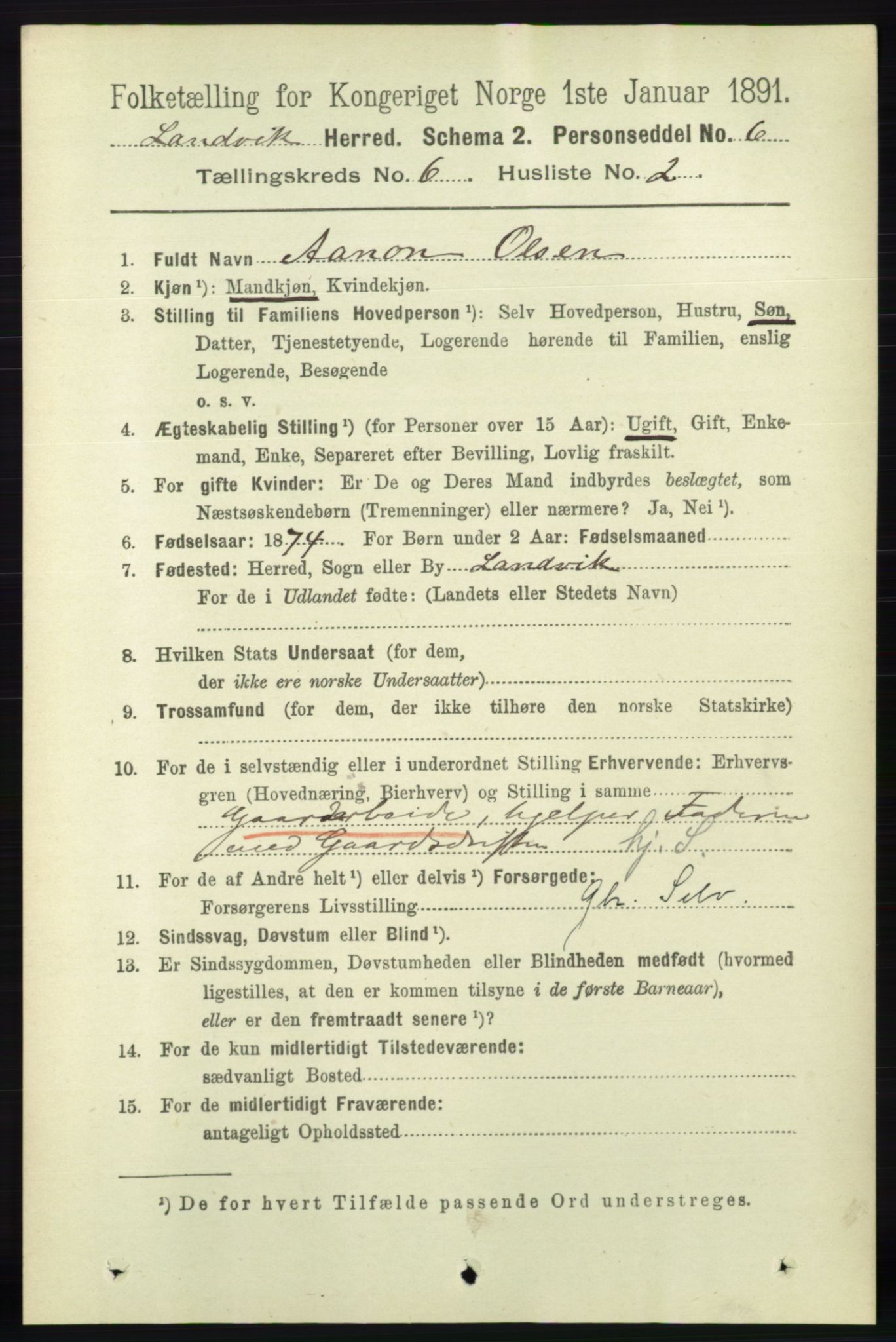 RA, 1891 census for 0924 Landvik, 1891, p. 2455