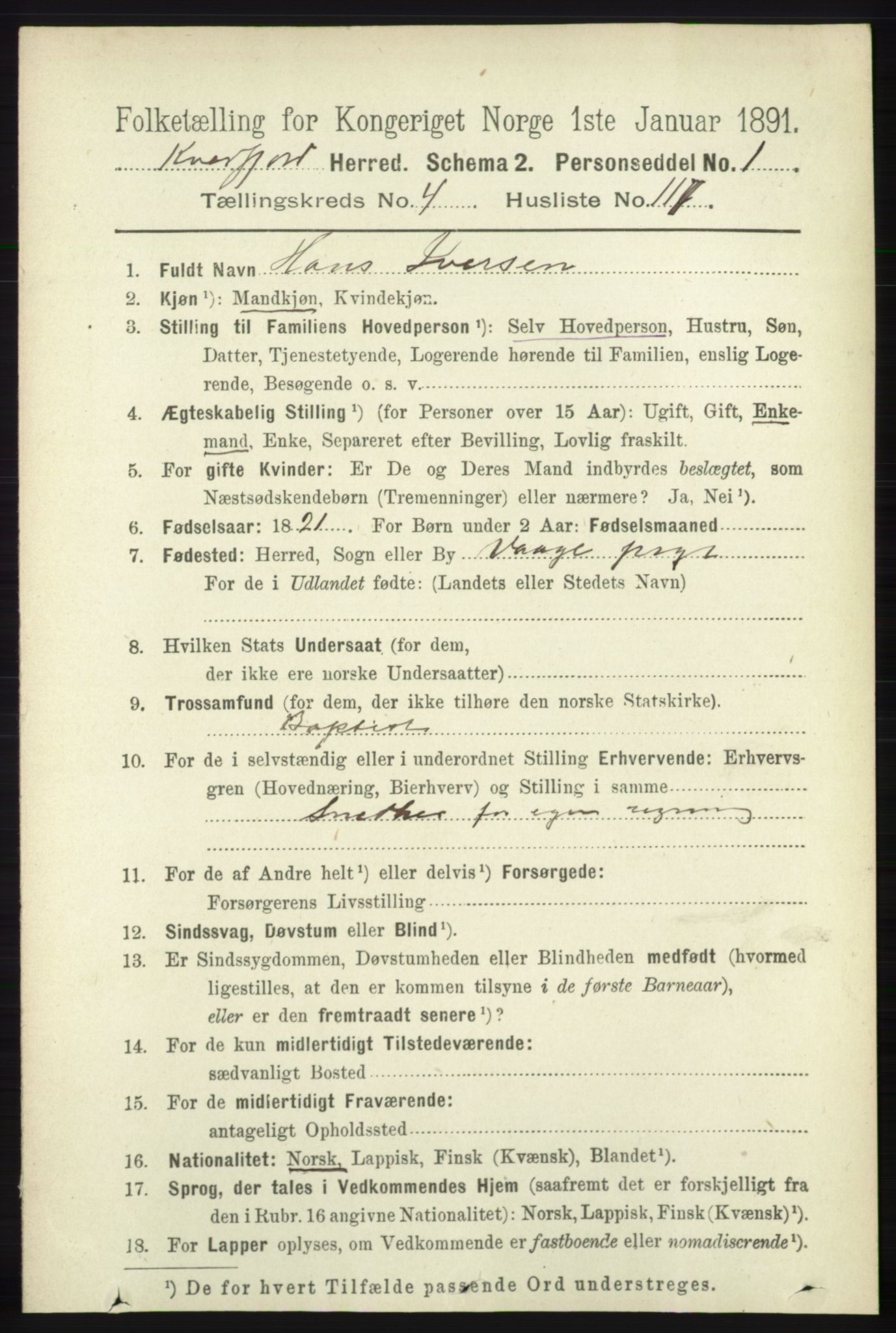 RA, 1891 census for 1911 Kvæfjord, 1891, p. 2639