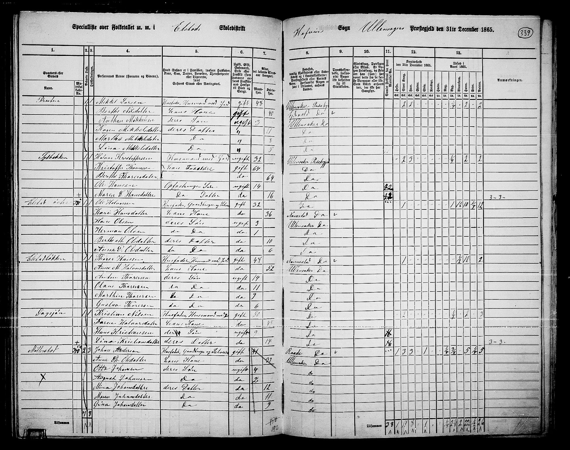 RA, 1865 census for Ullensaker, 1865, p. 291