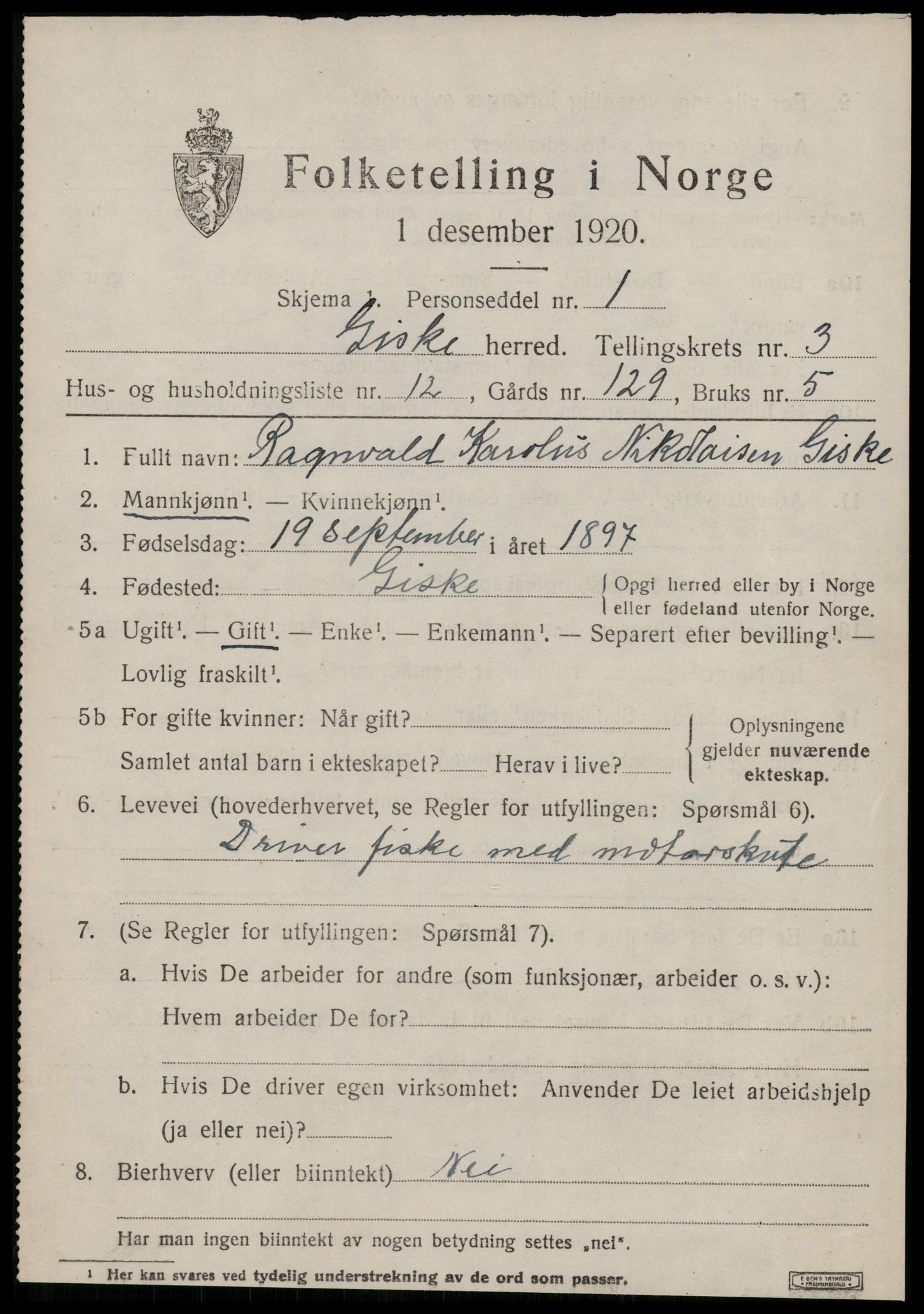 SAT, 1920 census for Giske, 1920, p. 1882