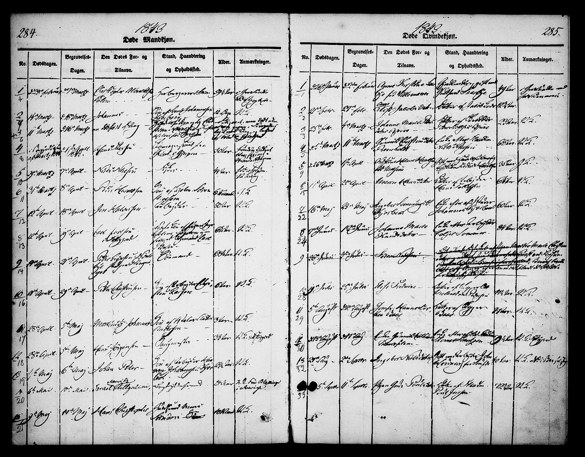 Skien kirkebøker, SAKO/A-302/F/Fa/L0006b: Parish register (official) no. 6B, 1843-1846, p. 284-285