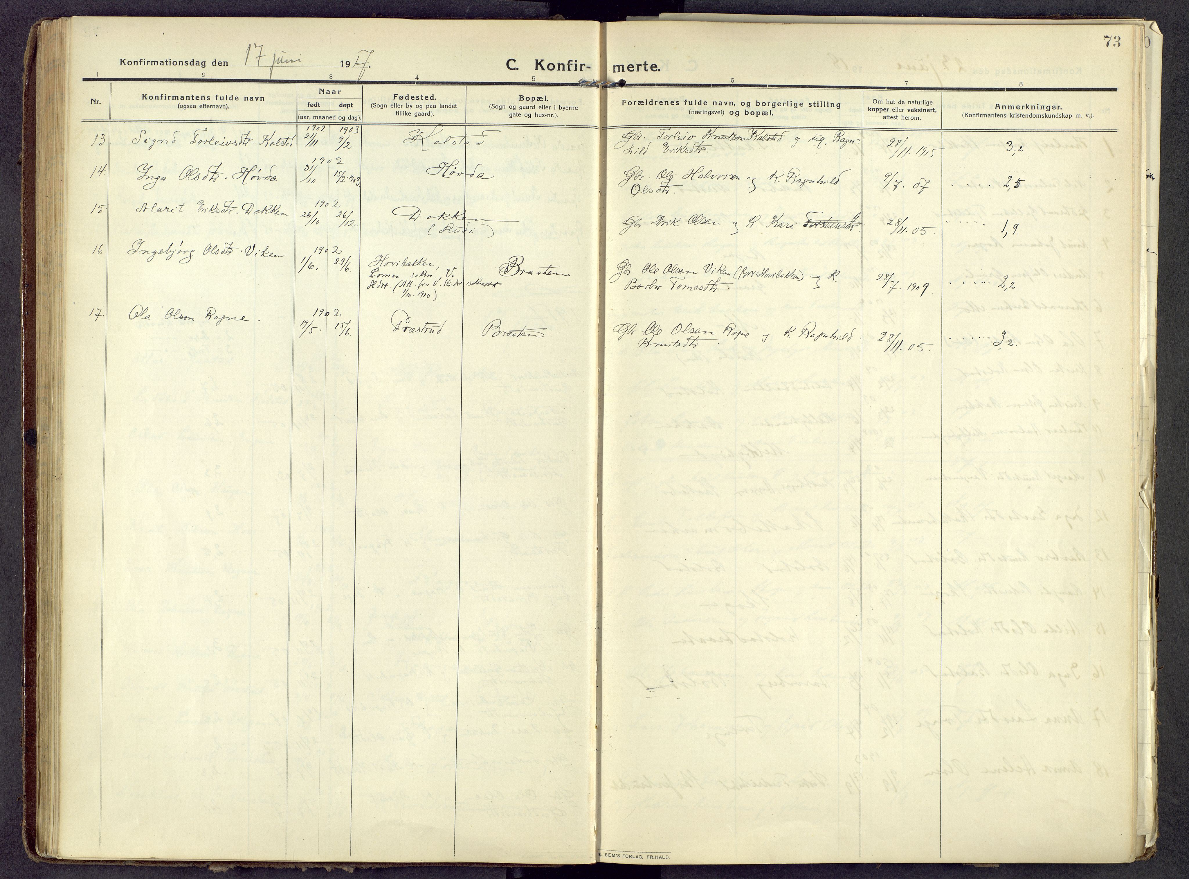 Øystre Slidre prestekontor, AV/SAH-PREST-138/H/Ha/Haa/L0006: Parish register (official) no. 6, 1911-1931, p. 73