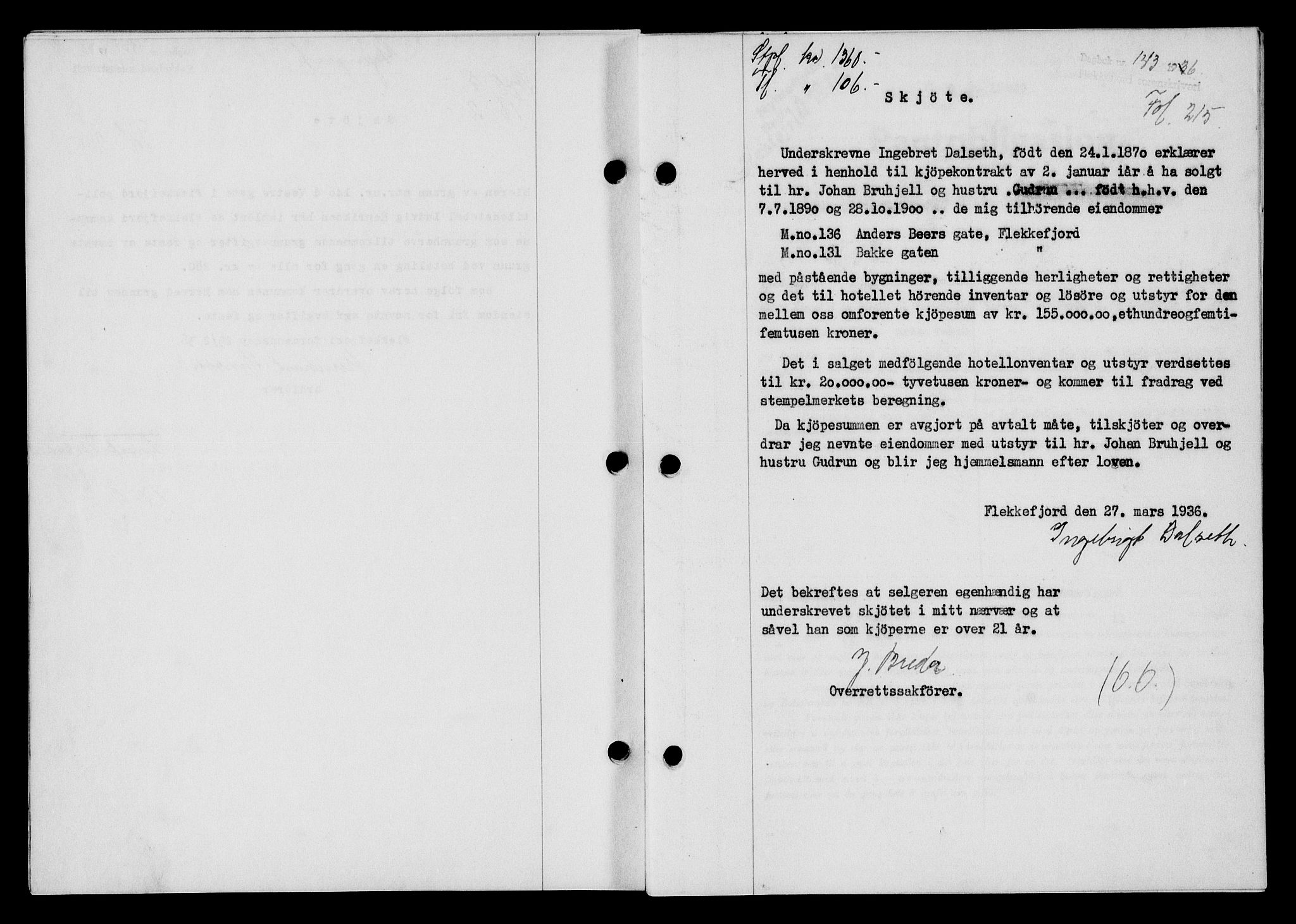 Flekkefjord sorenskriveri, SAK/1221-0001/G/Gb/Gba/L0052: Mortgage book no. 48, 1935-1936, Deed date: 27.03.1936