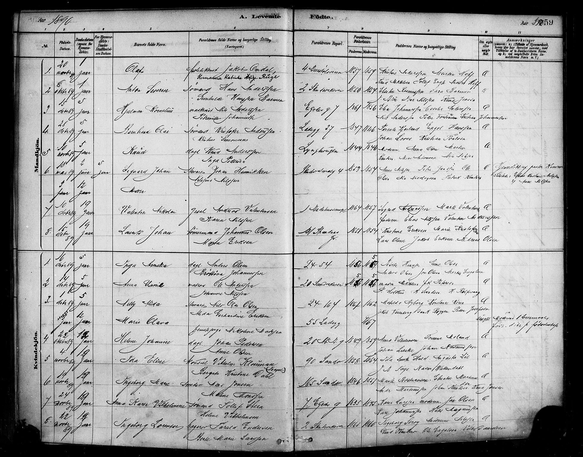 Sandviken Sokneprestembete, SAB/A-77601/H/Ha/L0004: Parish register (official) no. B 1, 1878-1891, p. 259
