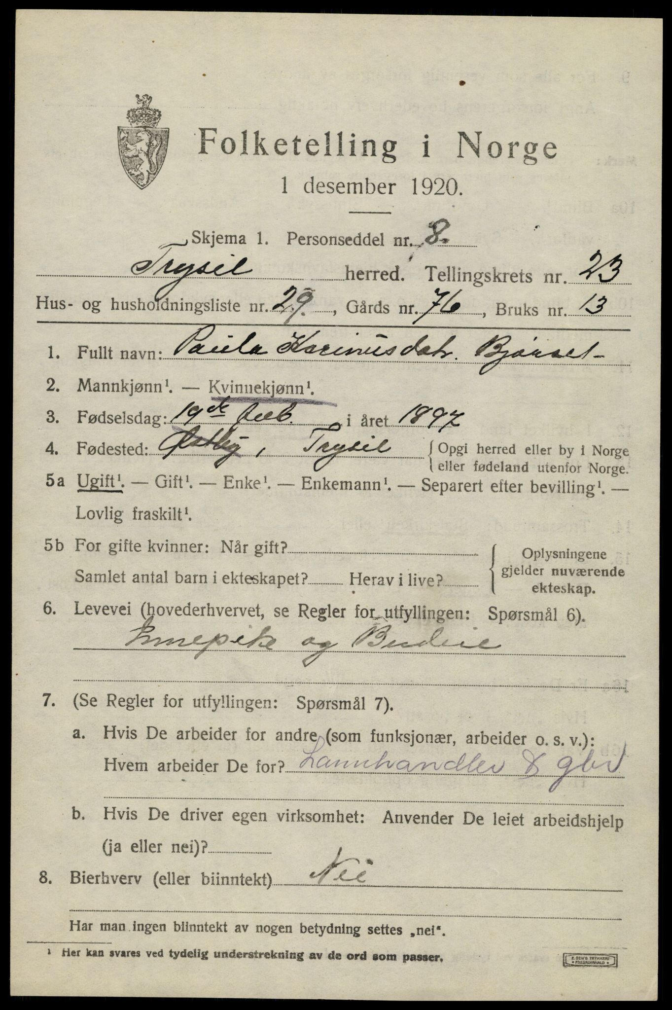 SAH, 1920 census for Trysil, 1920, p. 15201