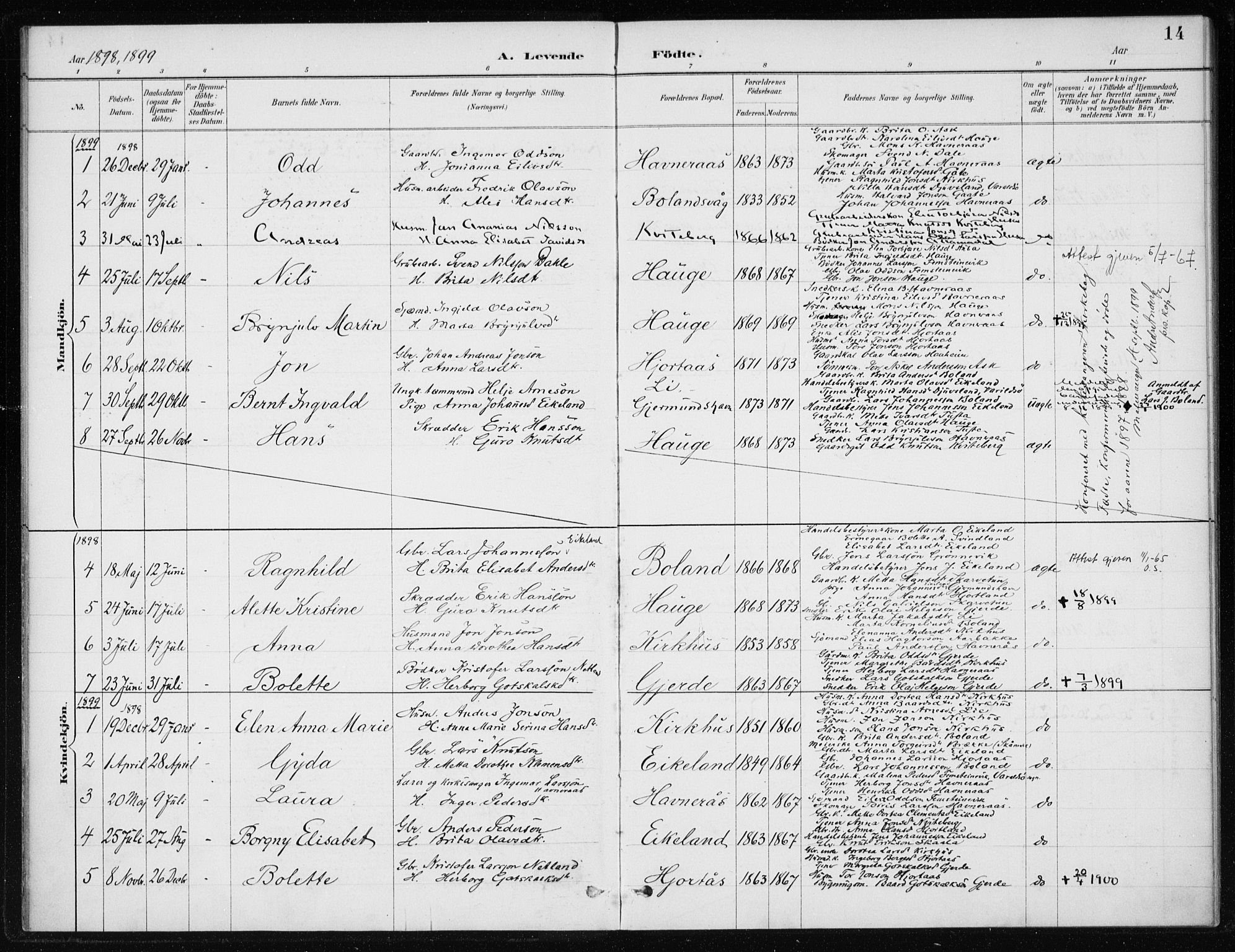 Kvinnherad sokneprestembete, SAB/A-76401/H/Haa: Parish register (official) no. C 1, 1885-1912, p. 14