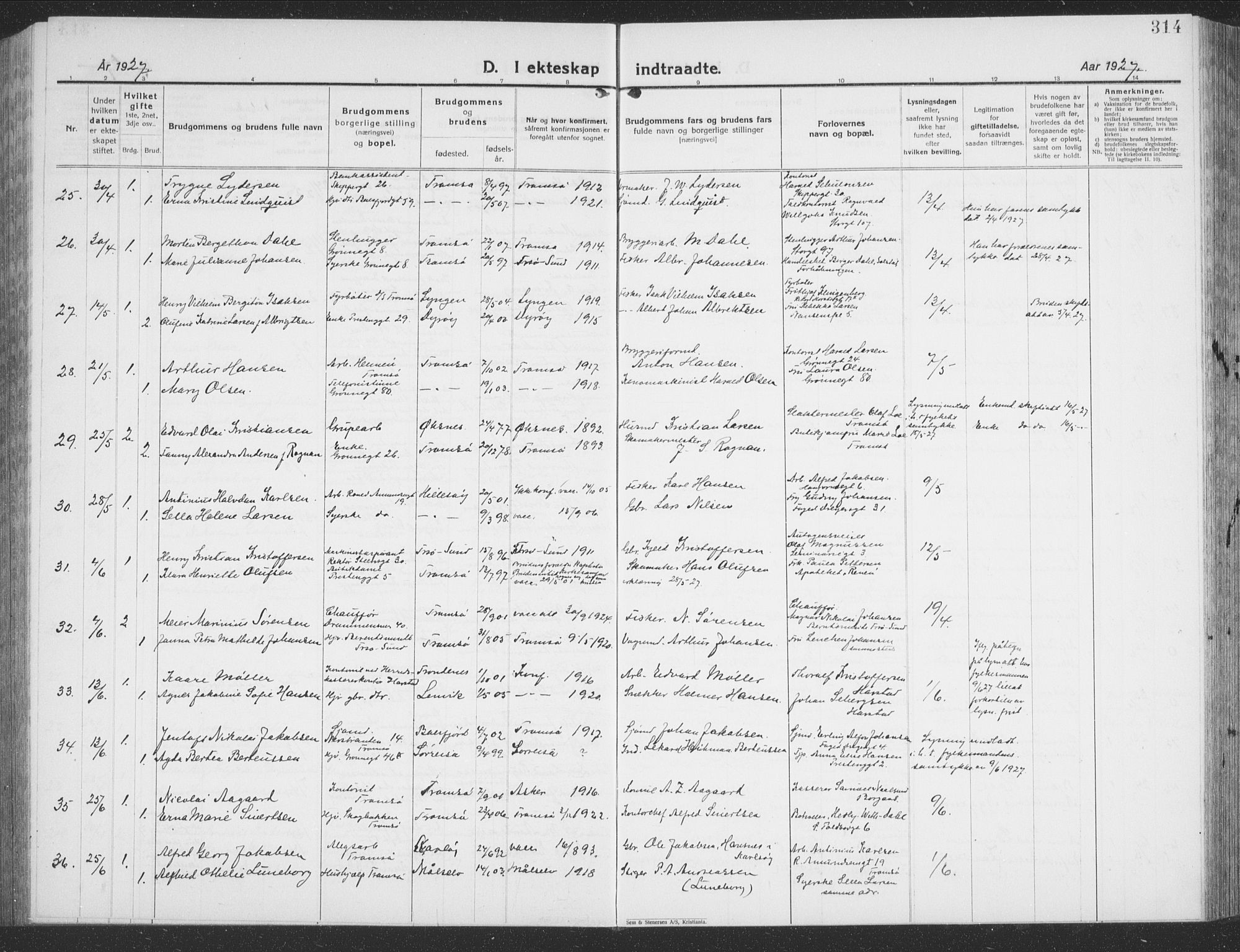 Tromsø sokneprestkontor/stiftsprosti/domprosti, SATØ/S-1343/G/Gb/L0010klokker: Parish register (copy) no. 10, 1925-1937, p. 314