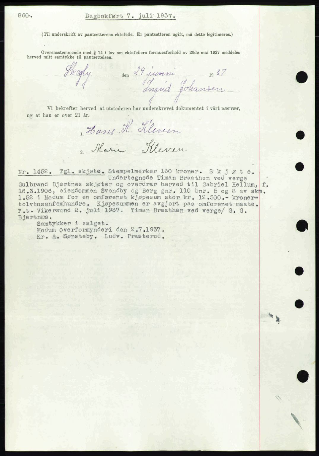 Eiker, Modum og Sigdal sorenskriveri, SAKO/A-123/G/Ga/Gab/L0035: Mortgage book no. A5, 1937-1937, Diary no: : 1452/1937
