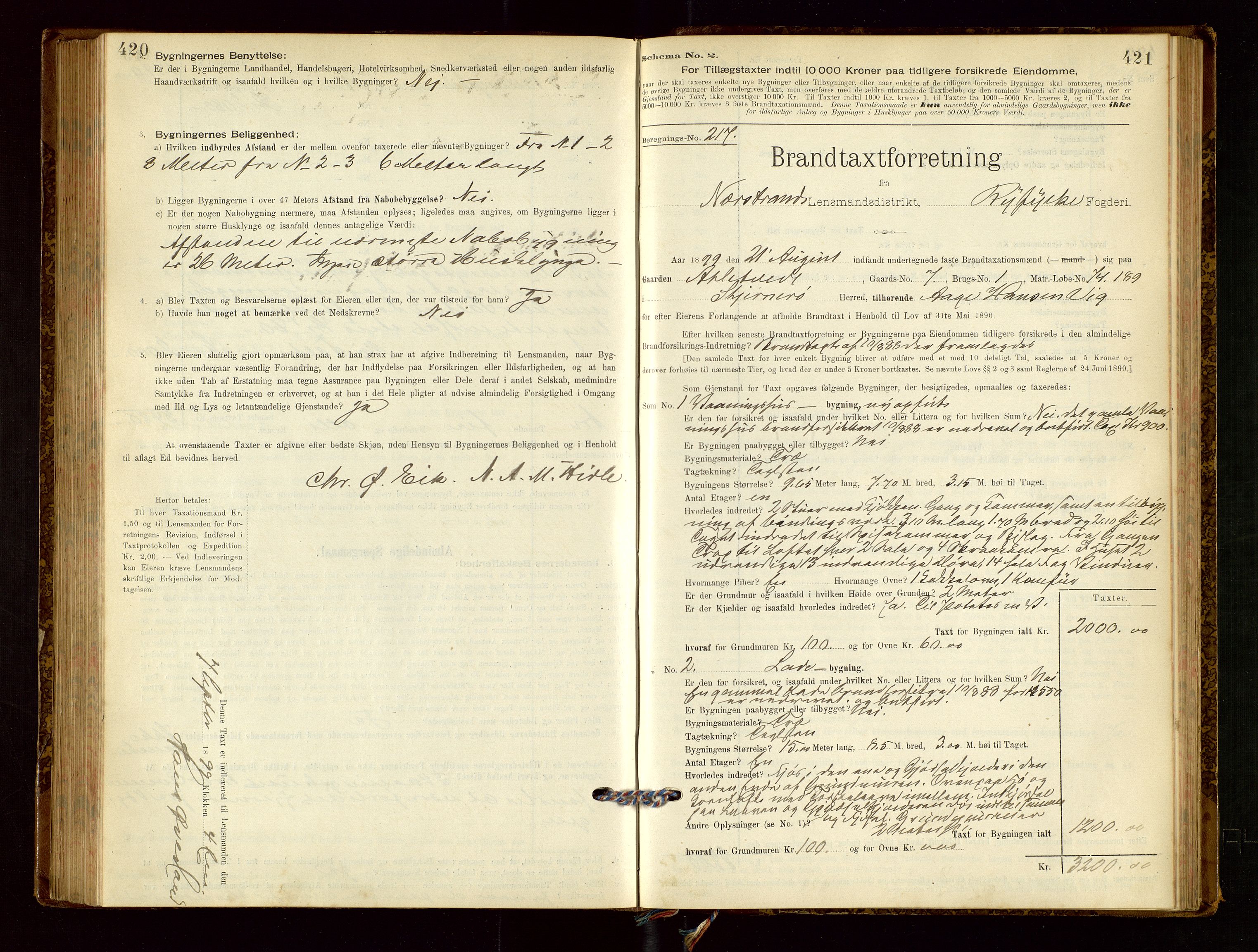 Nedstrand lensmannskontor, SAST/A-100236/Gob/L0001: "Brandtaxationsprotokol for Nerstrand Lensmandsdistrikt Ryfylke fogderi", 1895-1915, p. 420-421