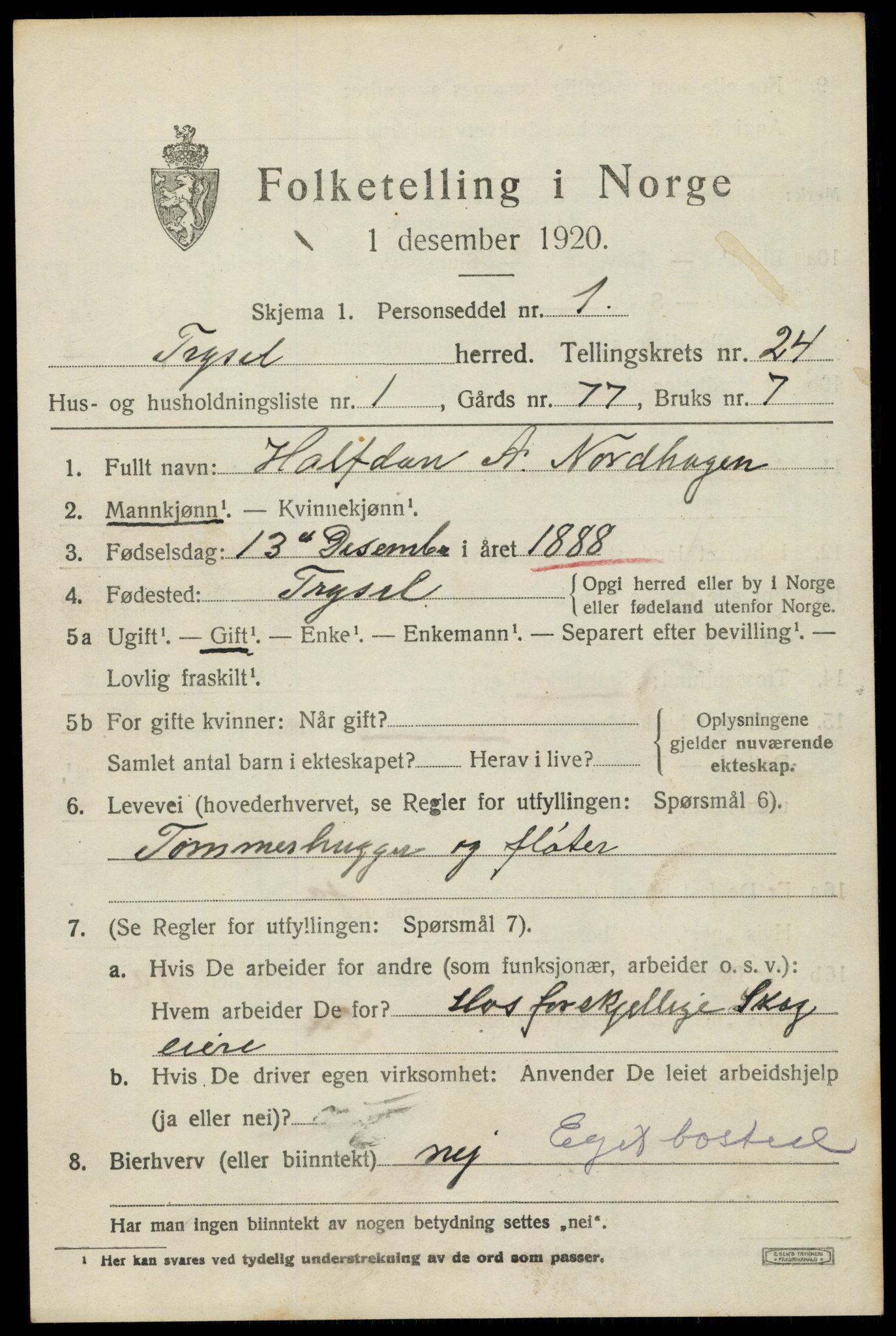 SAH, 1920 census for Trysil, 1920, p. 15215