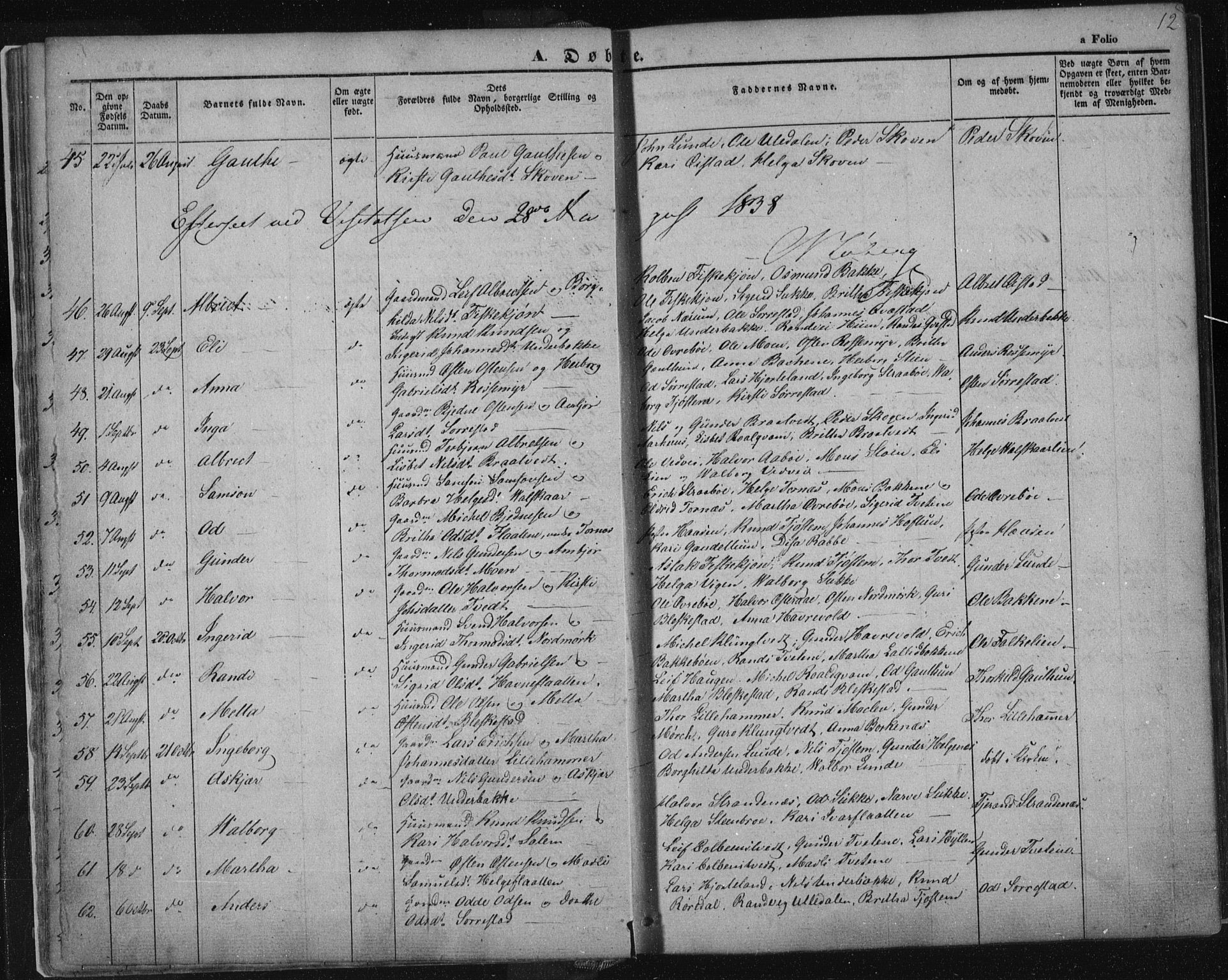 Suldal sokneprestkontor, SAST/A-101845/01/IV/L0008: Parish register (official) no. A 8, 1836-1853, p. 12