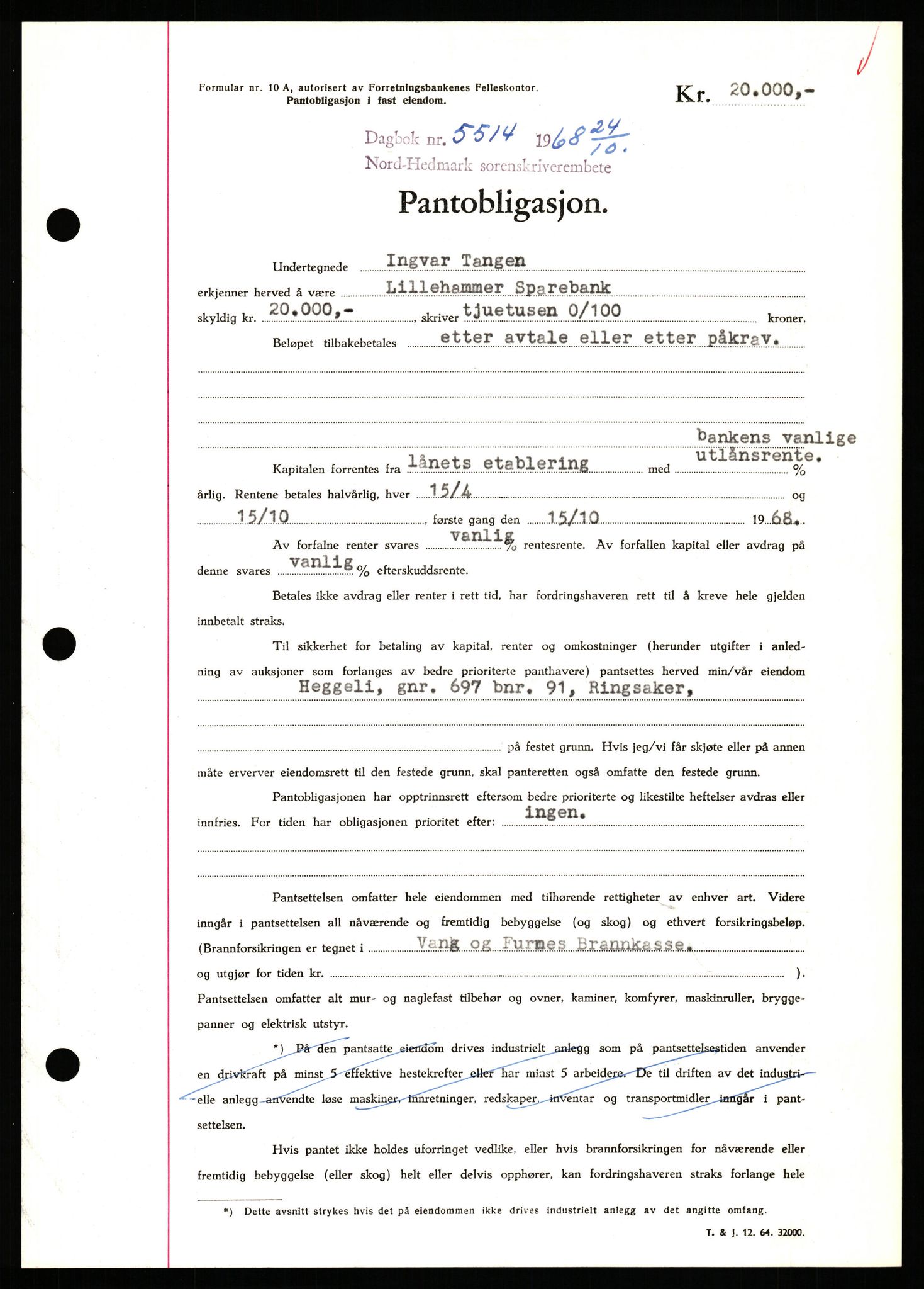 Nord-Hedmark sorenskriveri, SAH/TING-012/H/Hb/Hbf/L0077: Mortgage book no. B77, 1968-1969, Diary no: : 5514/1968