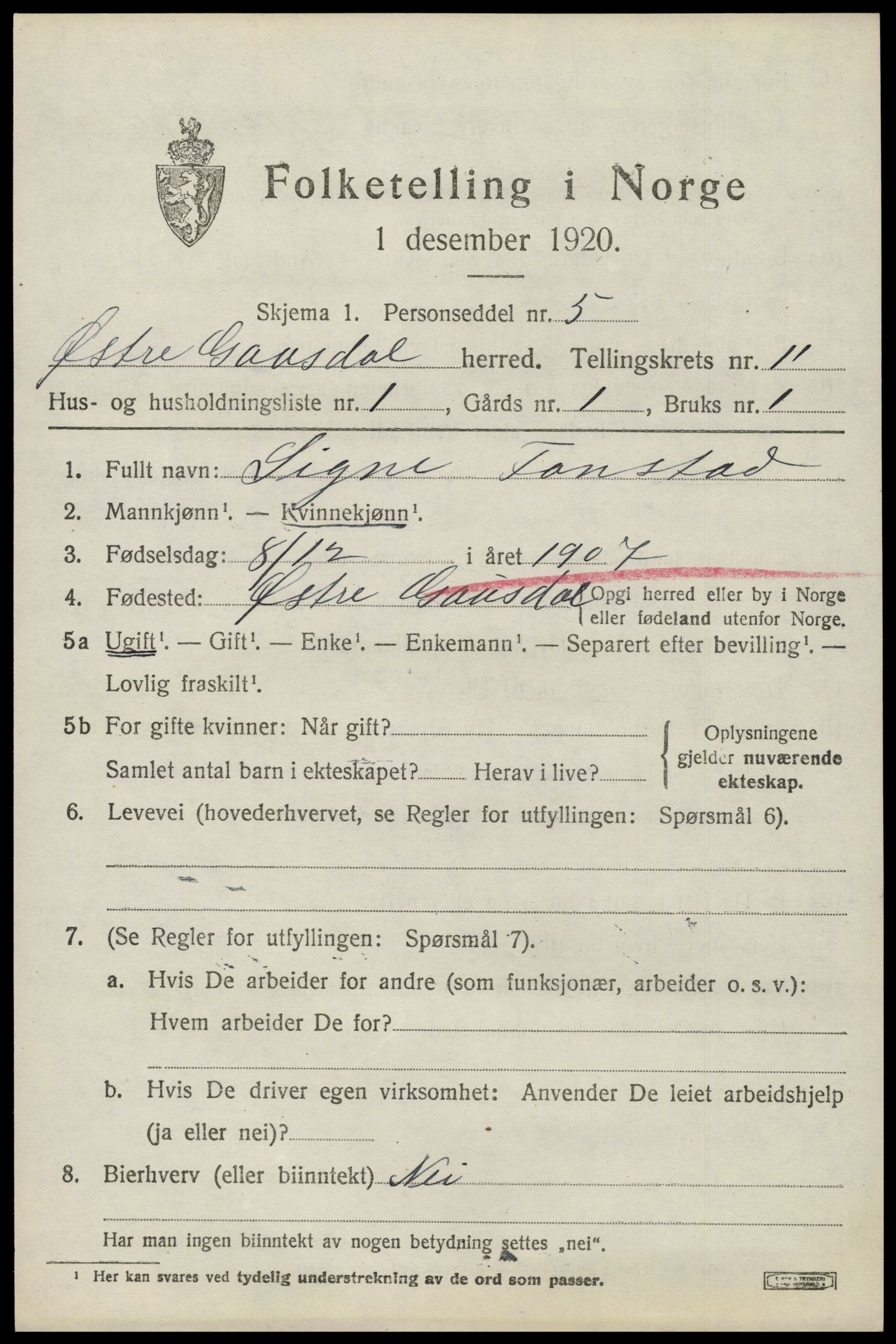 SAH, 1920 census for Østre Gausdal, 1920, p. 5836