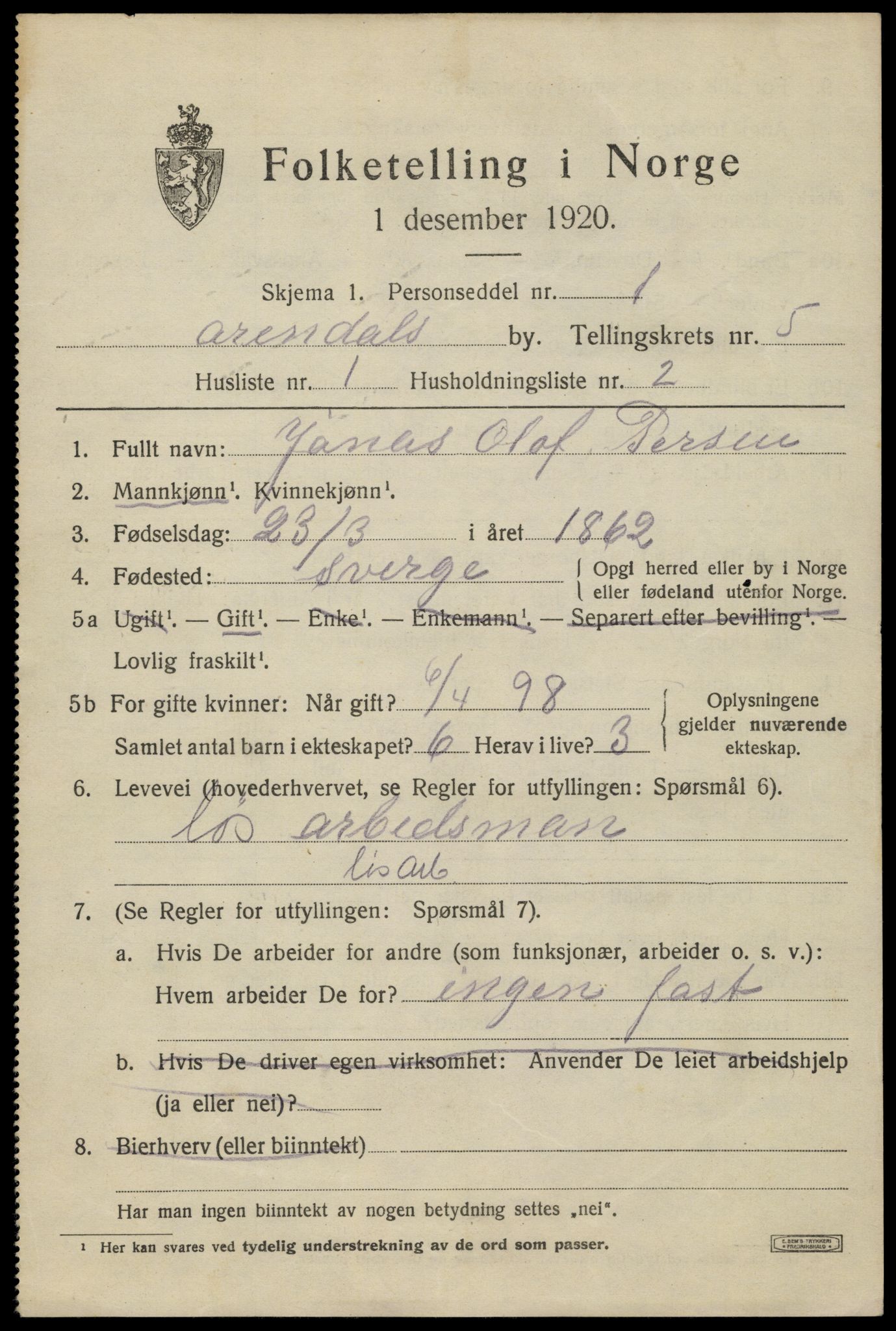 SAK, 1920 census for Arendal, 1920, p. 12448